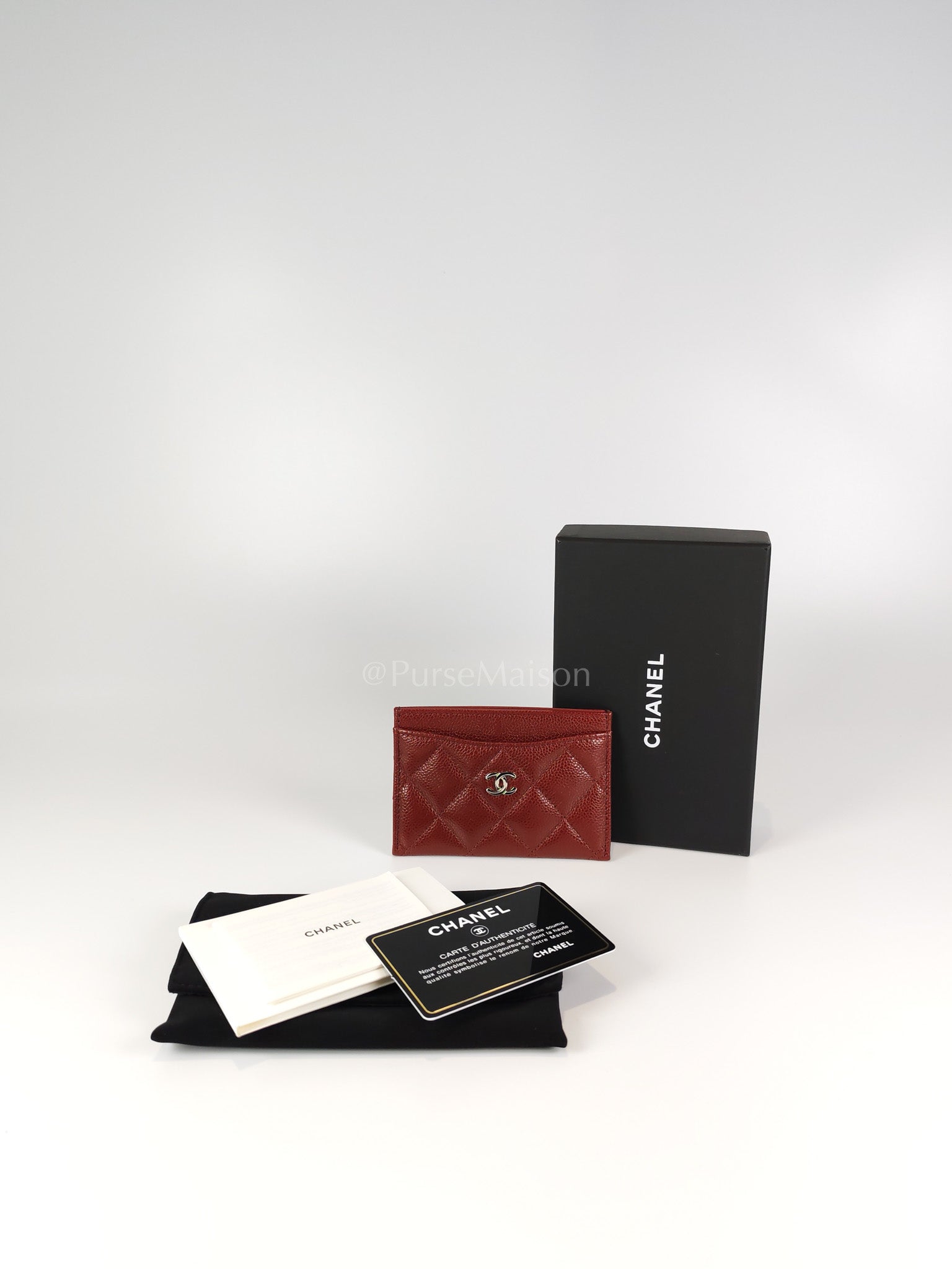 Classic Flat Card Holder in Burgundy Caviar Leather Silver Hardware (Series 30) | Purse Maison Luxury Bags Shop
