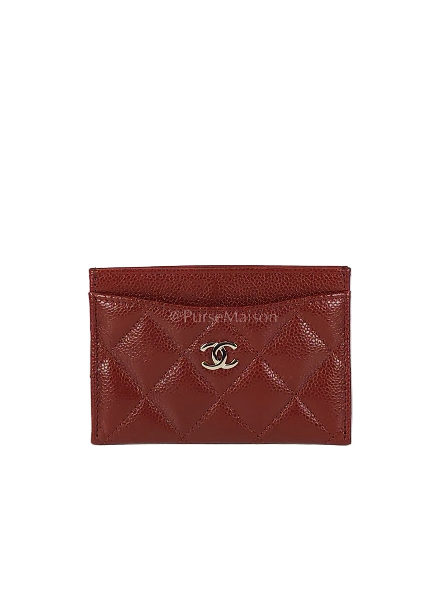 Classic Flat Card Holder in Burgundy Caviar Leather Silver Hardware (Series 30) | Purse Maison Luxury Bags Shop