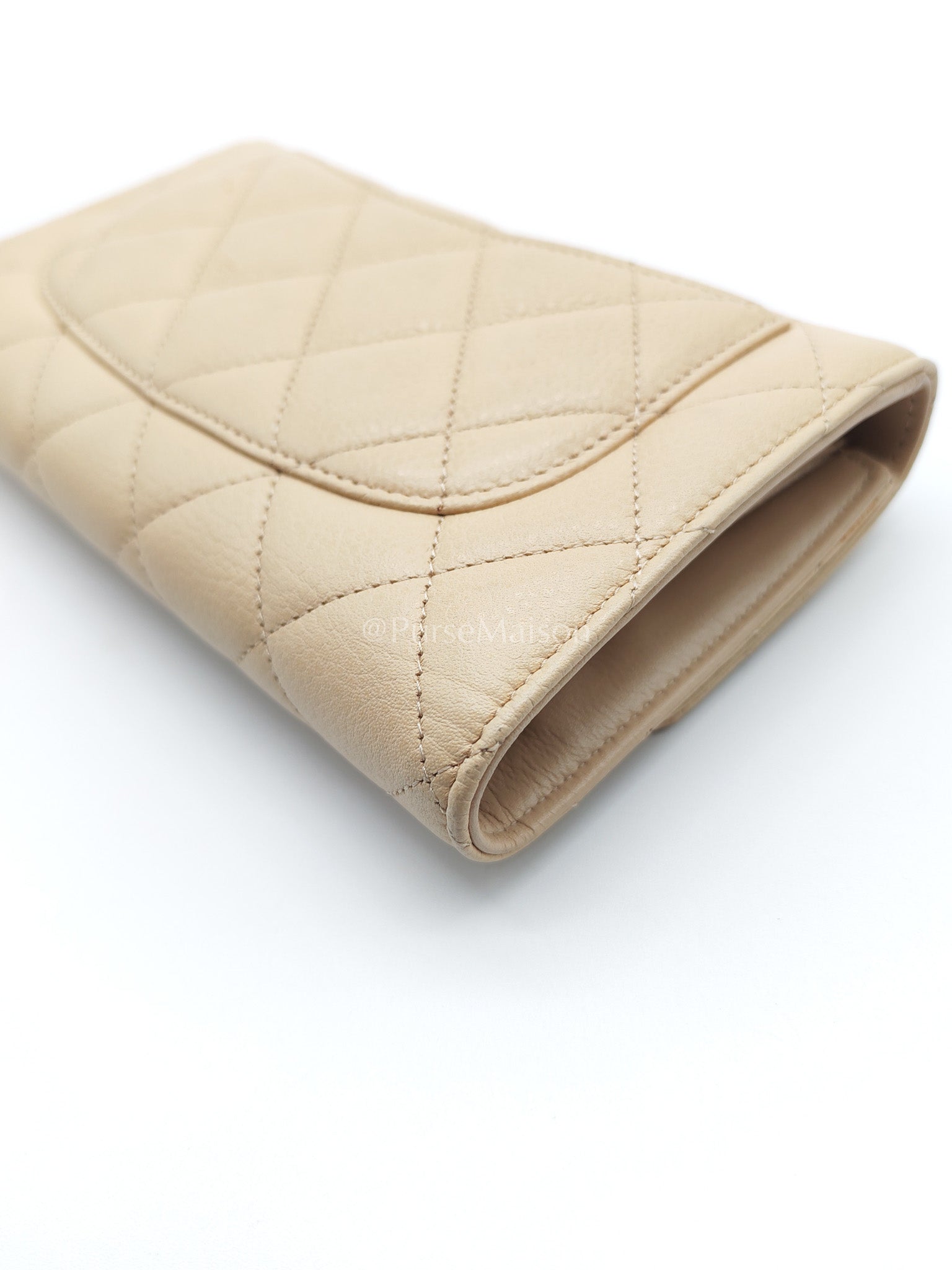 Chanel Classic Long Flap Wallet in Beige Quilted Caviar Leather and Silver Hardware Series 15 | Purse Maison Luxury Bags Shop