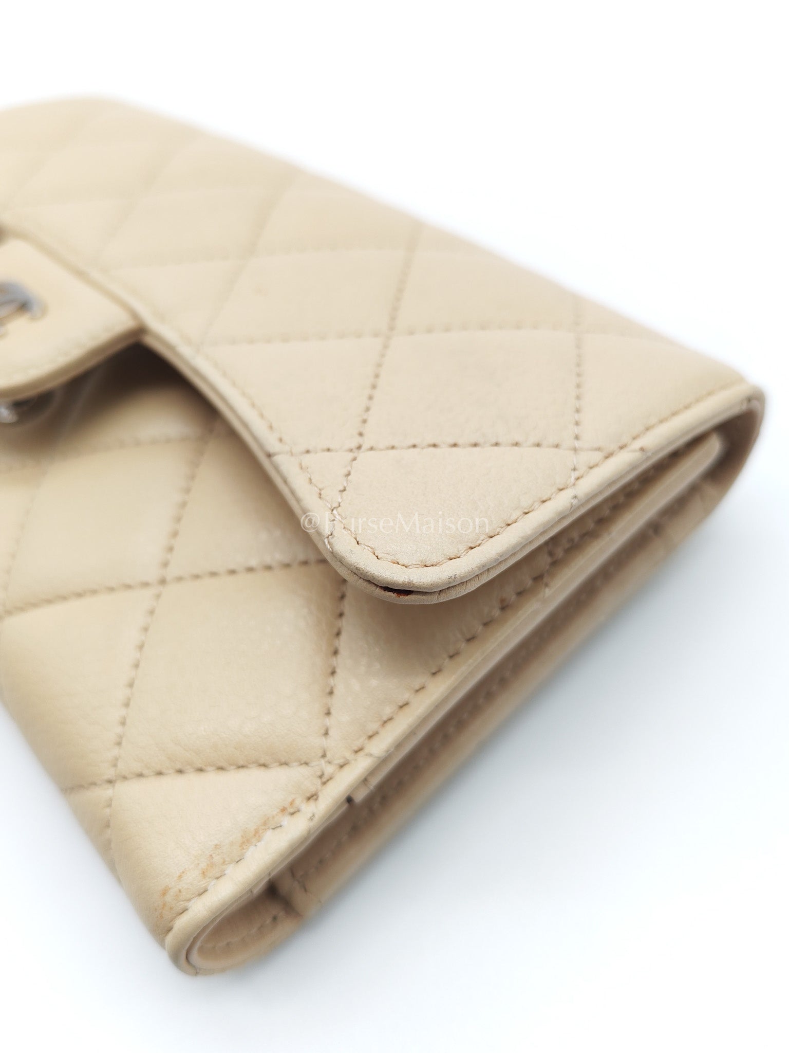 Chanel Classic Long Flap Wallet in Beige Quilted Caviar Leather and Silver Hardware Series 15 | Purse Maison Luxury Bags Shop