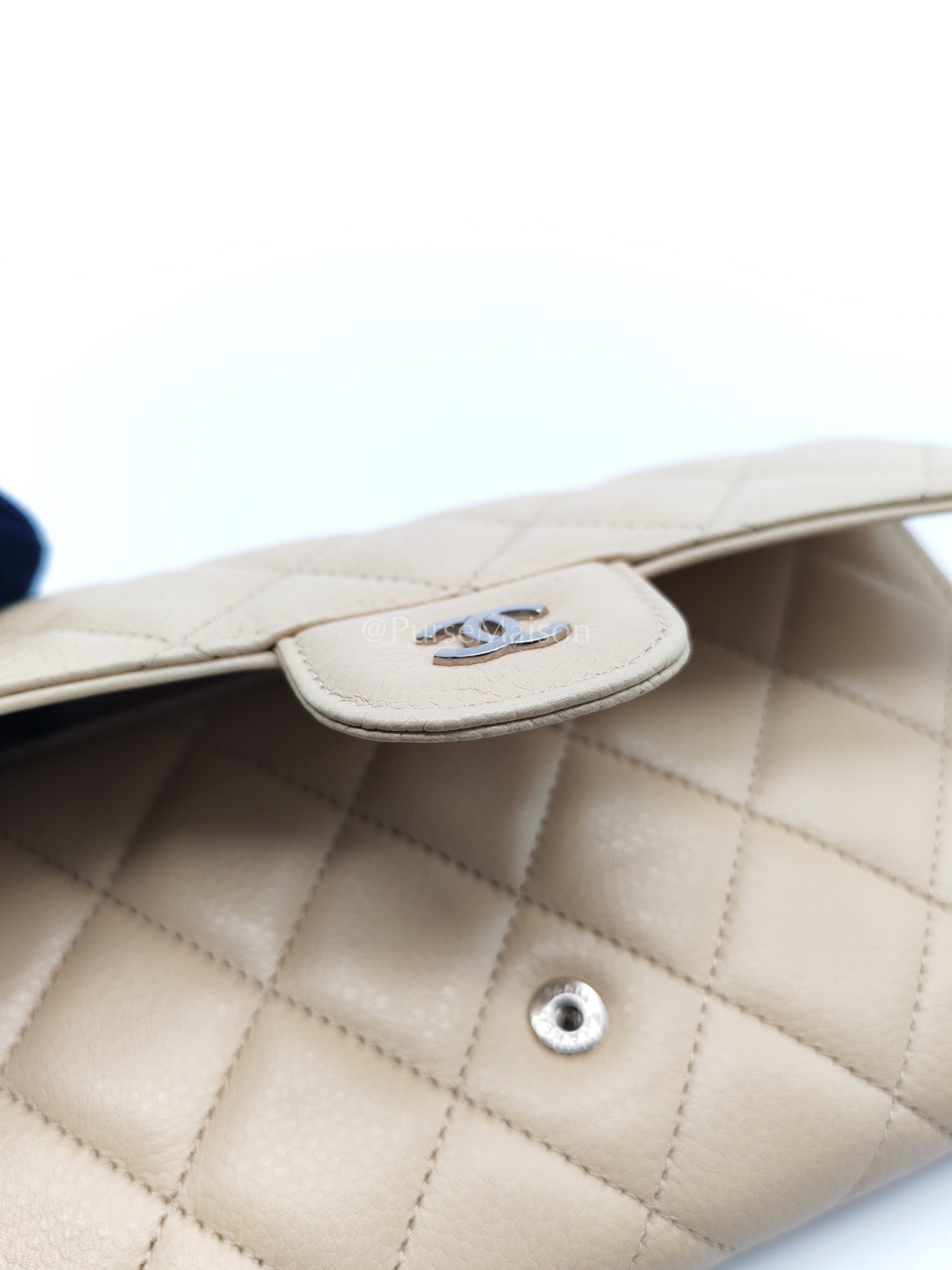 Chanel Classic Long Flap Wallet in Beige Quilted Caviar Leather and Silver Hardware Series 15 | Purse Maison Luxury Bags Shop