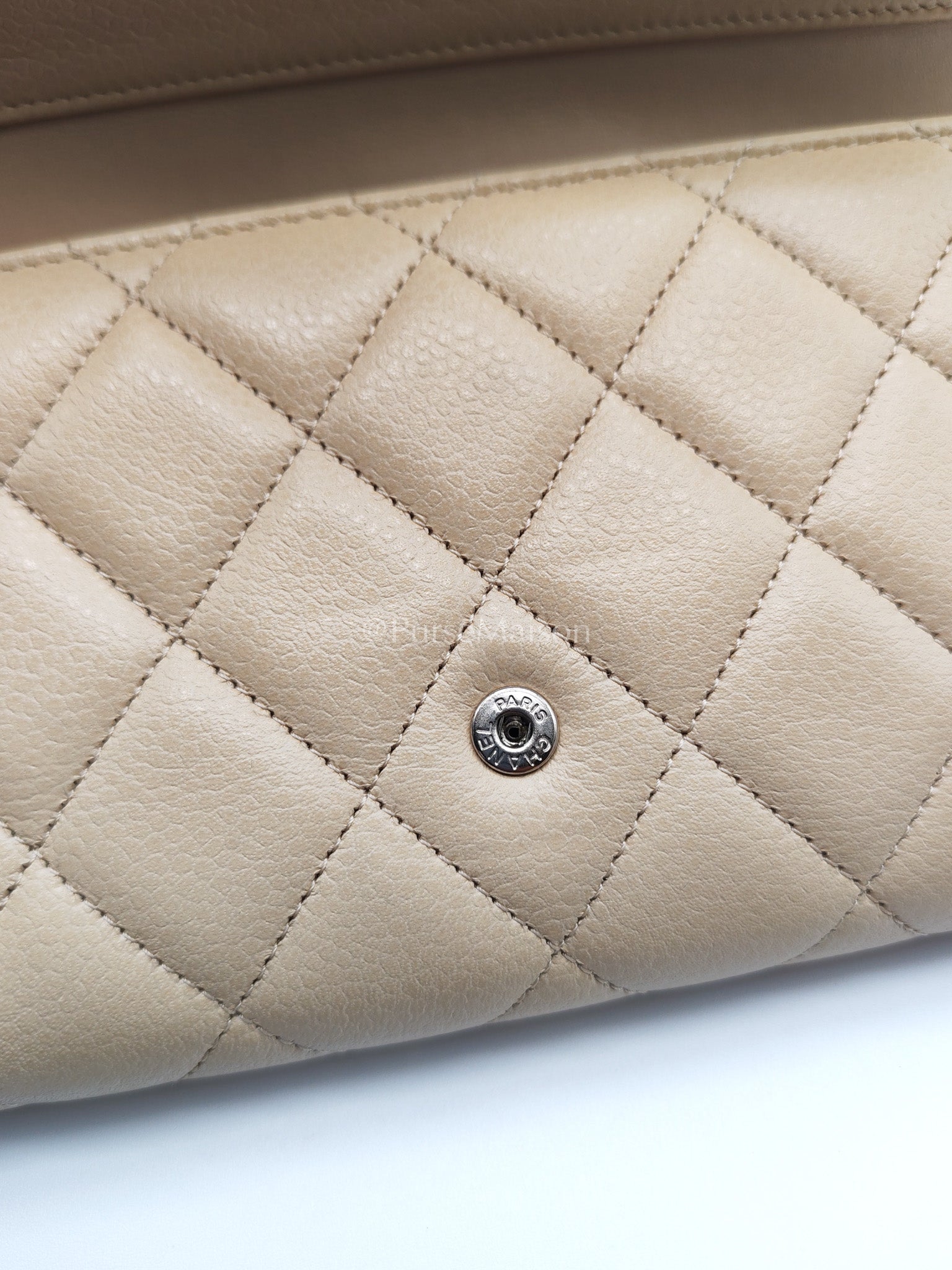Chanel Classic Long Flap Wallet in Beige Quilted Caviar Leather and Silver Hardware Series 15 | Purse Maison Luxury Bags Shop