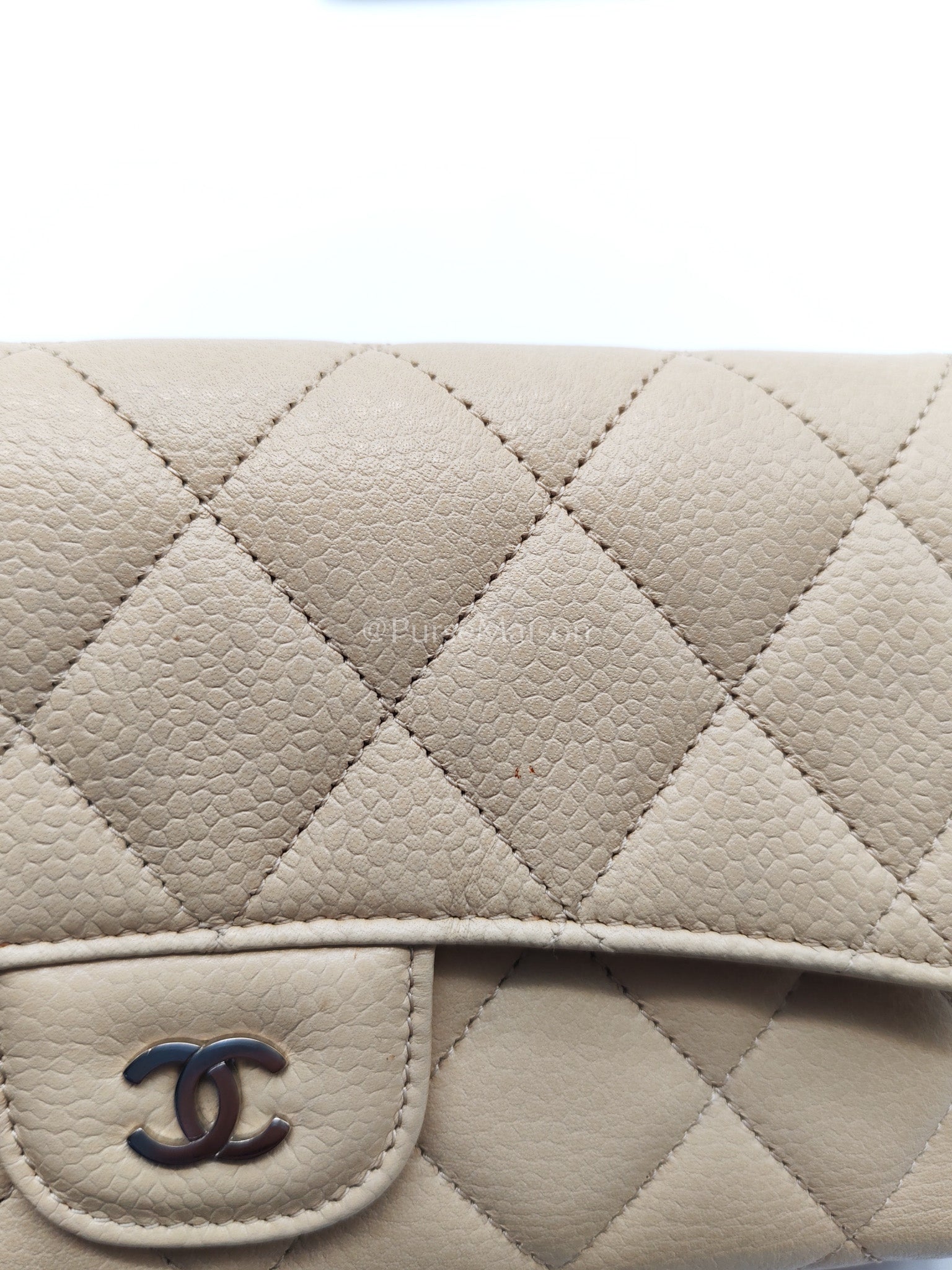 Chanel Classic Long Flap Wallet in Beige Quilted Caviar Leather and Silver Hardware Series 15 | Purse Maison Luxury Bags Shop