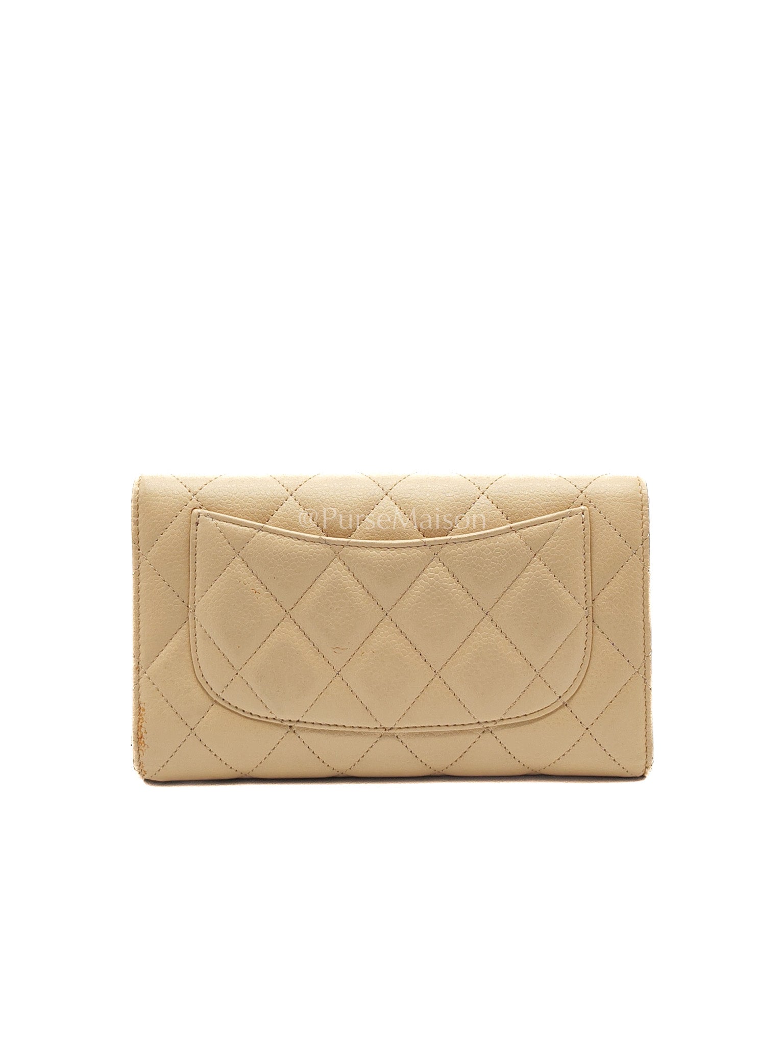 Chanel Classic Long Flap Wallet in Beige Quilted Caviar Leather and Silver Hardware Series 15 | Purse Maison Luxury Bags Shop