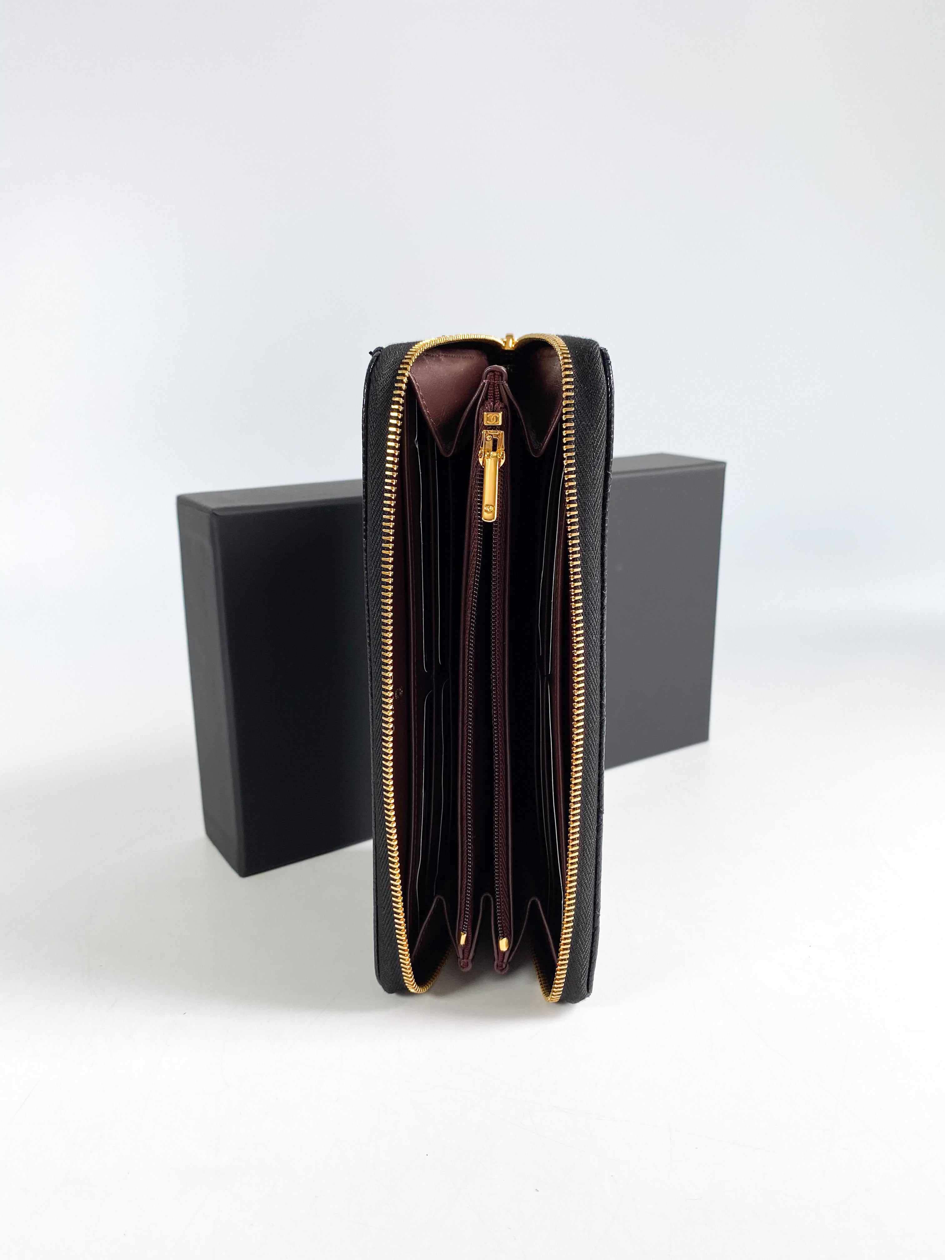 Chanel Classic Long Zipped Wallet Black Caviar Leather & Gold Hardware (Microchip)
