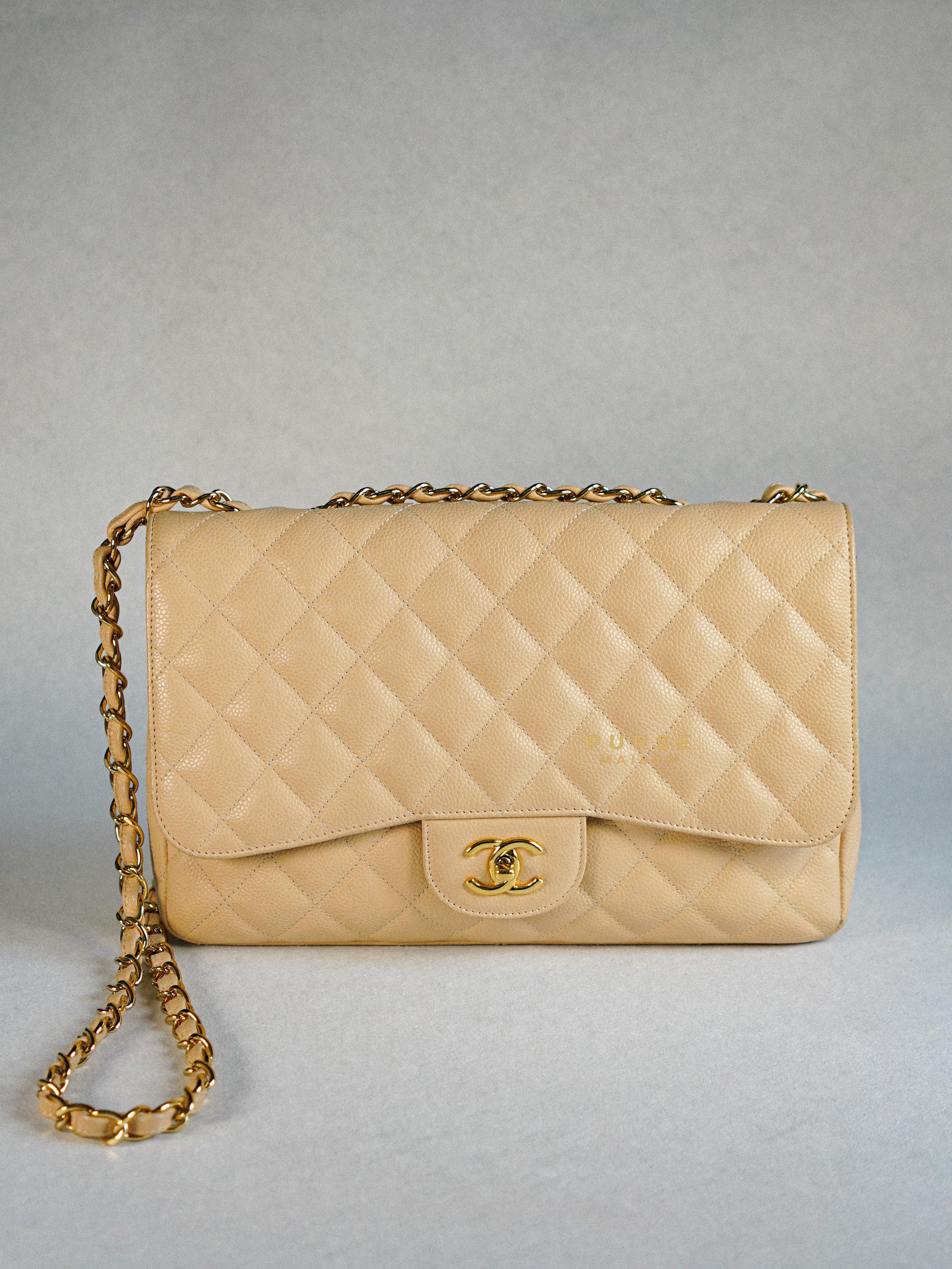 Chanel Classic Single Flap Jumbo in Beige Clair Quilted Caviar and Gold Hardware (Series 13) | Purse Maison Luxury Bags Shop