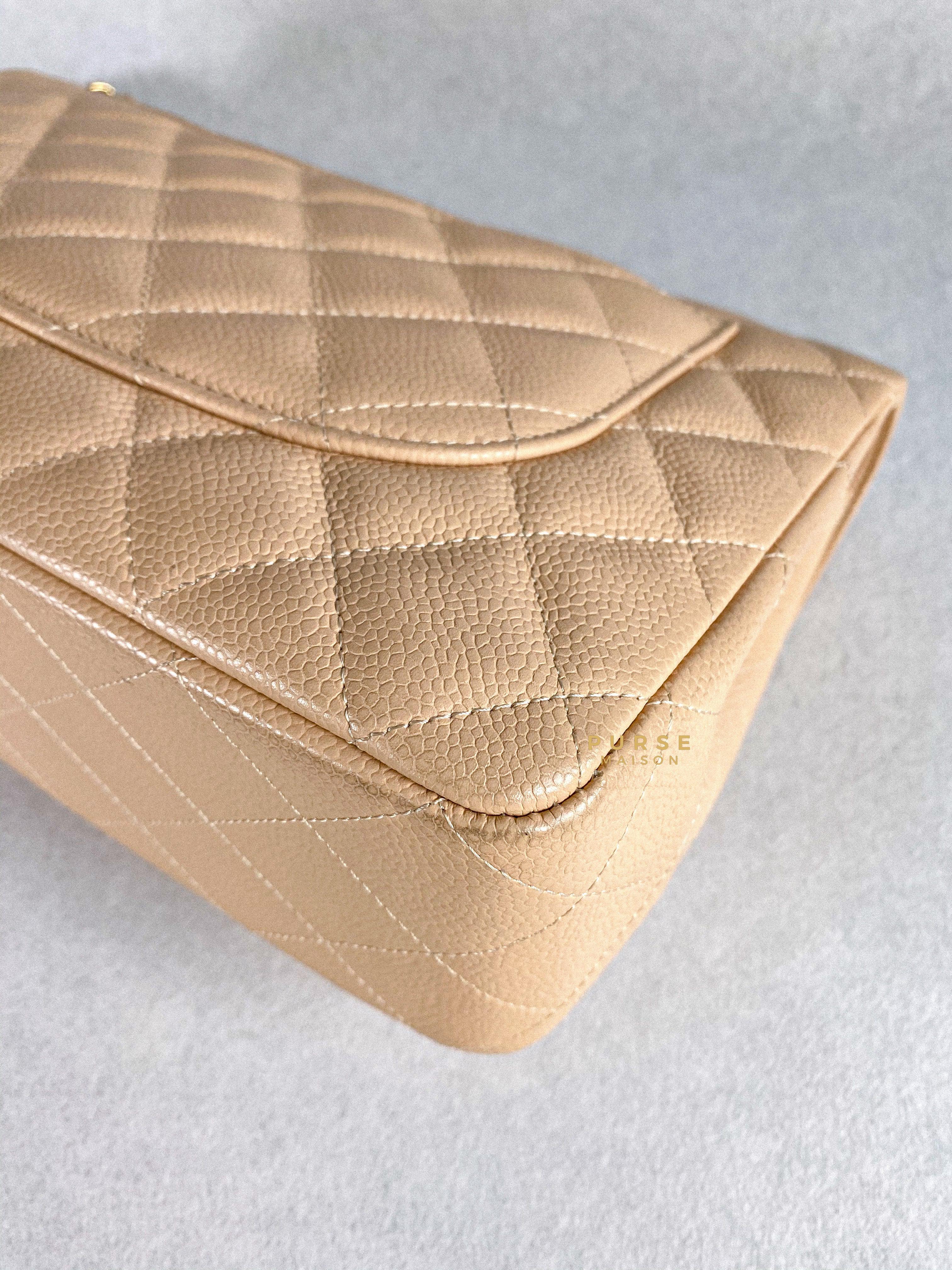 Chanel Classic Single Flap Jumbo in Beige Clair Quilted Caviar and Gold Hardware (Series 13) | Purse Maison Luxury Bags Shop