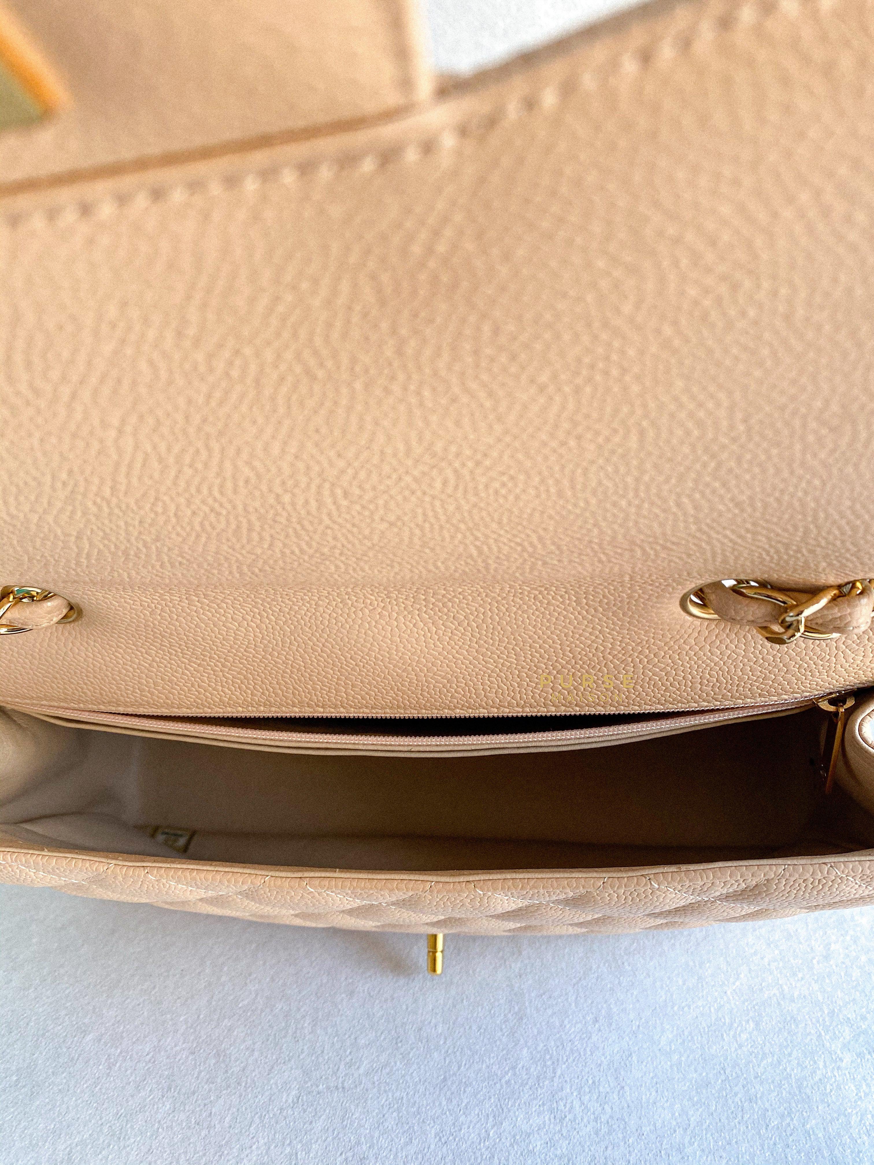 Chanel Classic Single Flap Jumbo in Beige Clair Quilted Caviar and Gold Hardware (Series 13) | Purse Maison Luxury Bags Shop