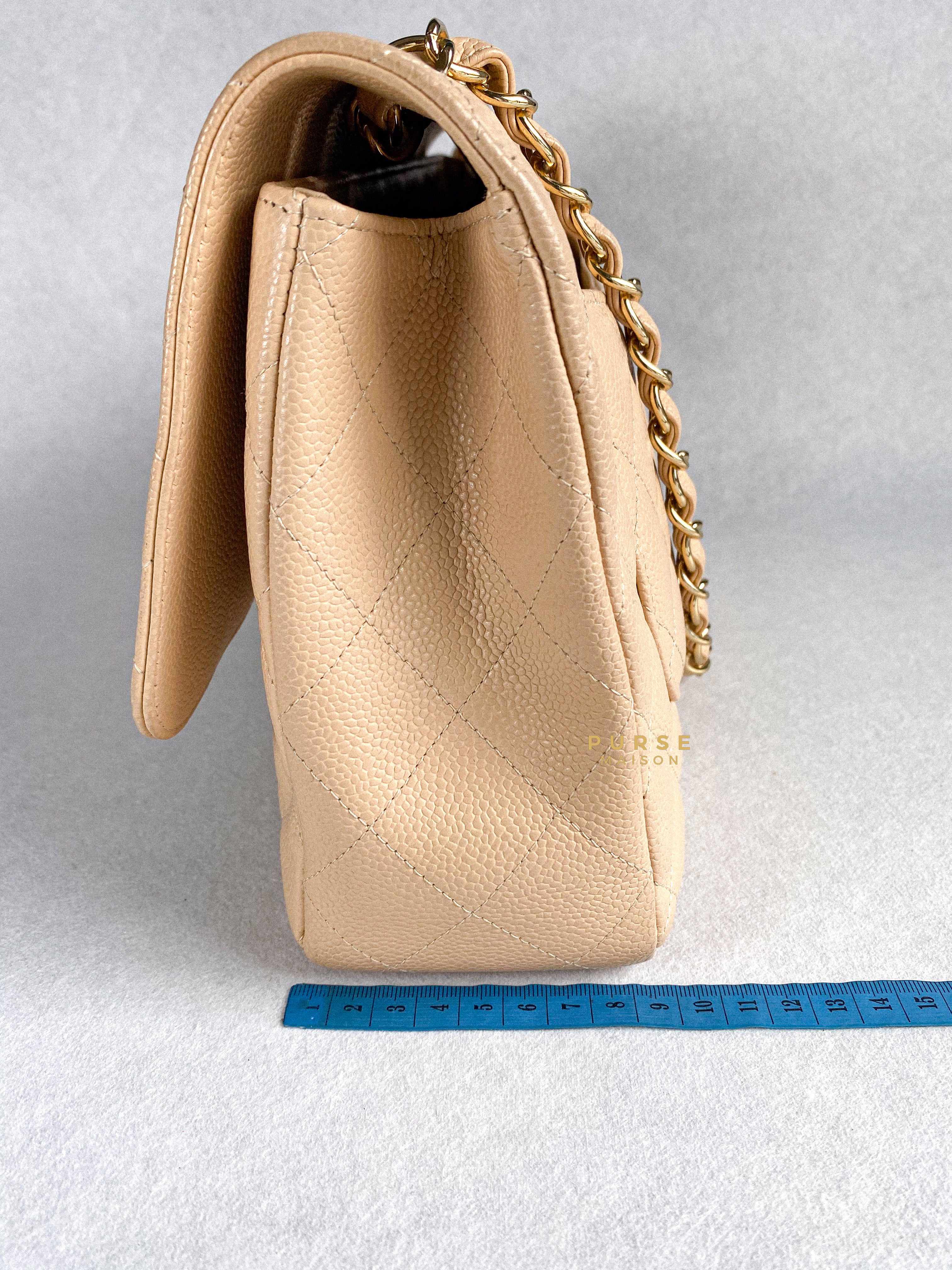 Chanel Classic Single Flap Jumbo in Beige Clair Quilted Caviar and Gold Hardware (Series 13) | Purse Maison Luxury Bags Shop