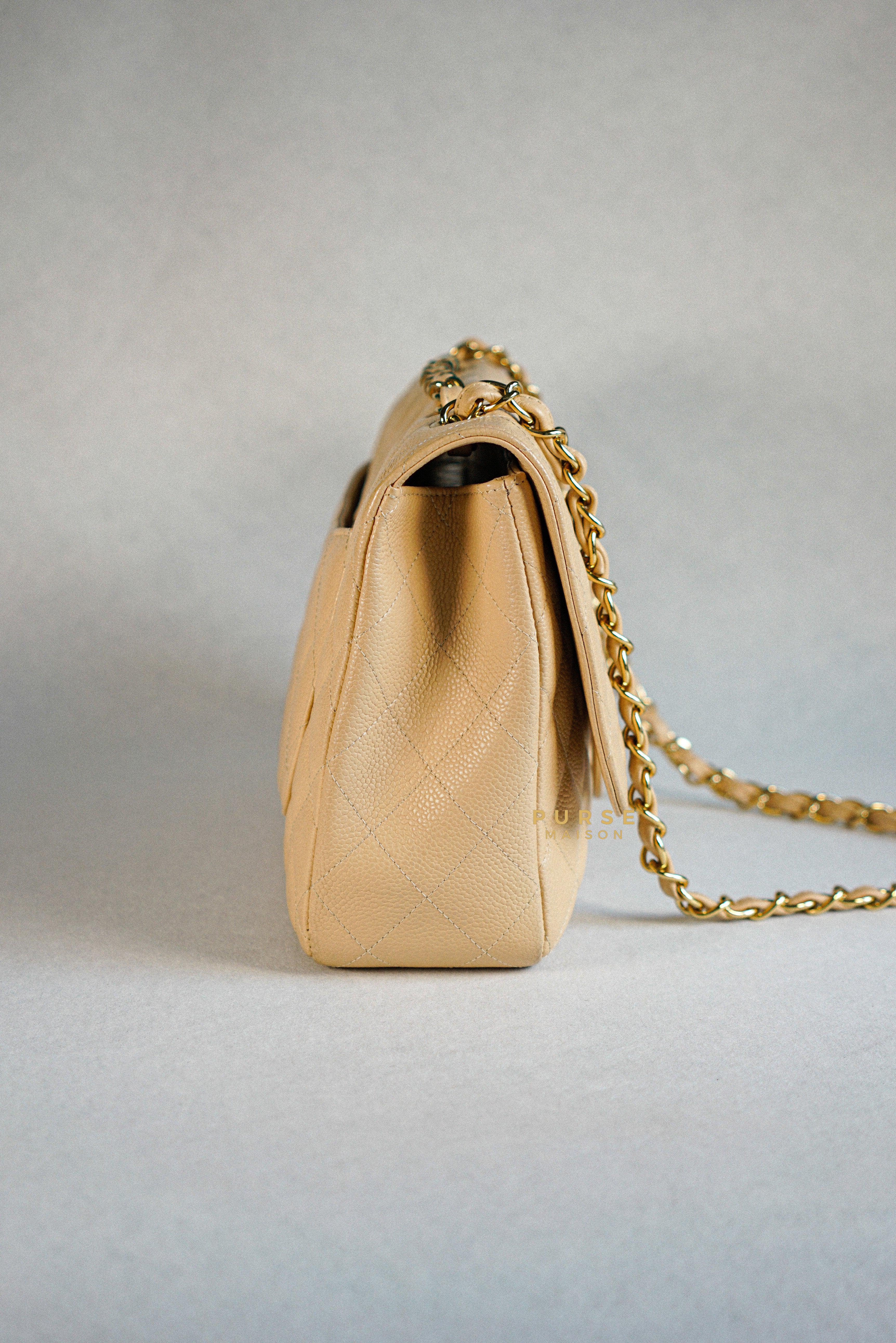 Chanel Classic Single Flap Jumbo in Beige Clair Quilted Caviar and Gold Hardware (Series 13) | Purse Maison Luxury Bags Shop