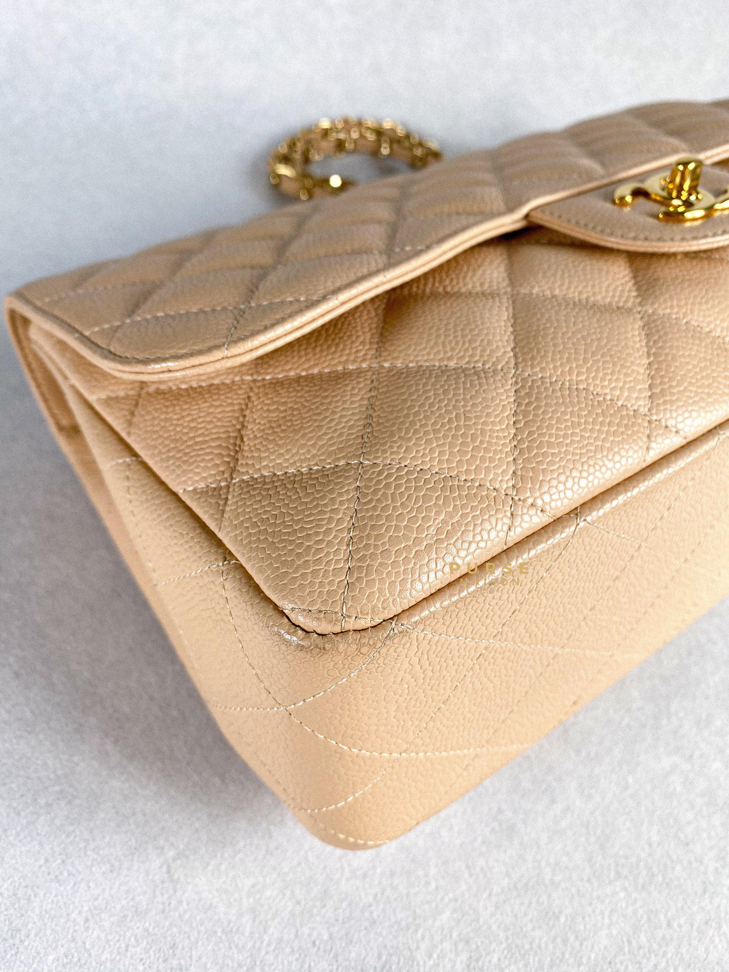 Chanel Classic Single Flap Jumbo in Beige Clair Quilted Caviar and Gold Hardware (Series 13) | Purse Maison Luxury Bags Shop