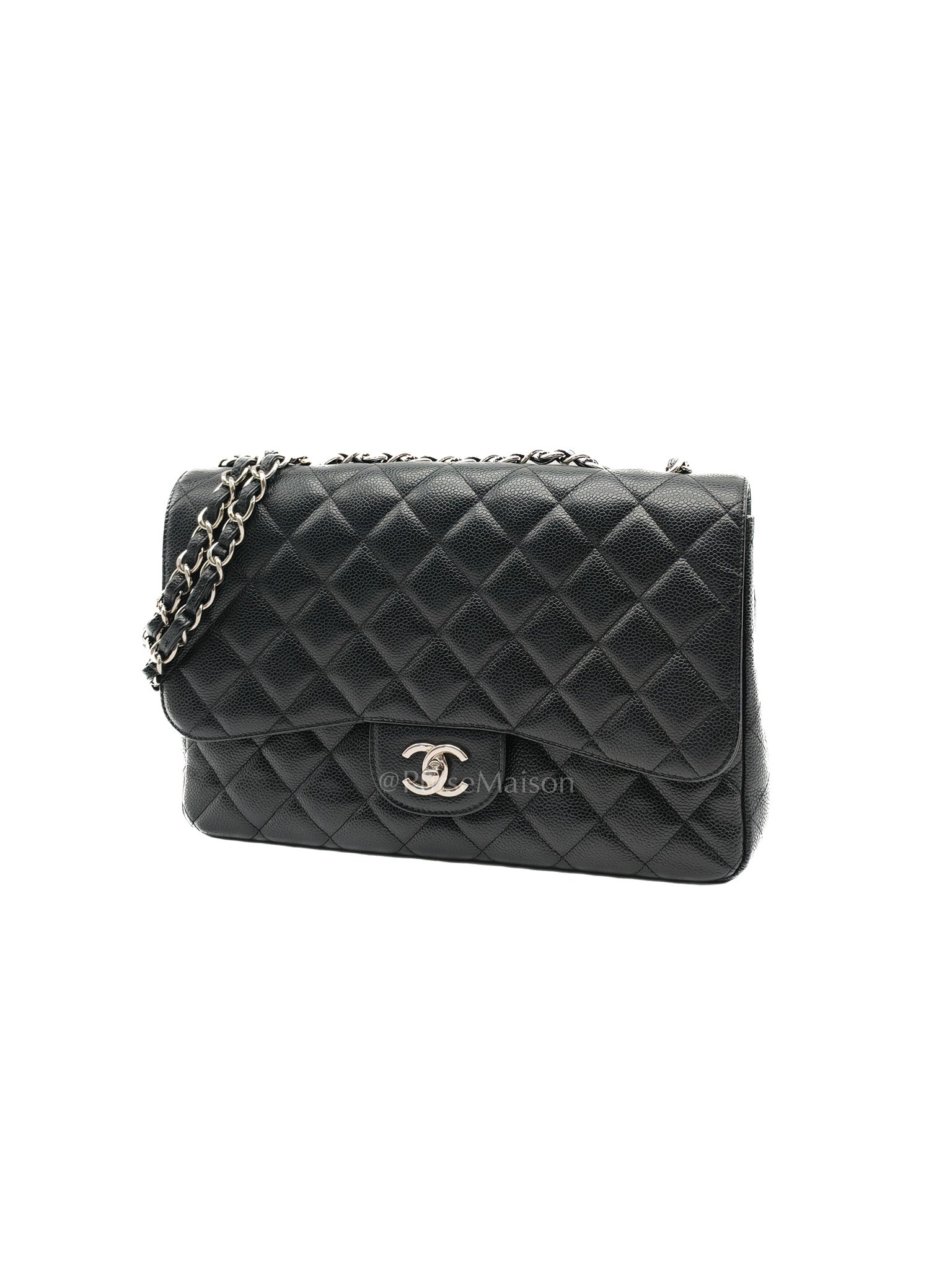 Chanel Classic Single Flap Jumbo in Black Caviar Leather Silver Hardware (Series 13) | Purse Maison Luxury Bags Shop