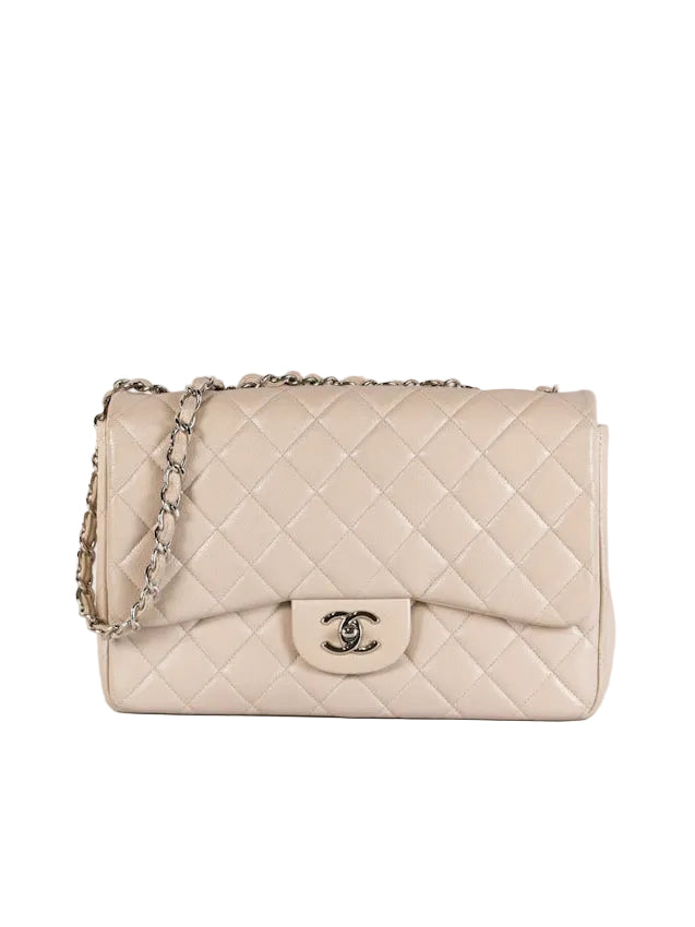 Classic Single Flap Jumbo in Light Gray Caviar Leather and Silver Hardware (Series 14) | Purse Maison Luxury Bags Shop