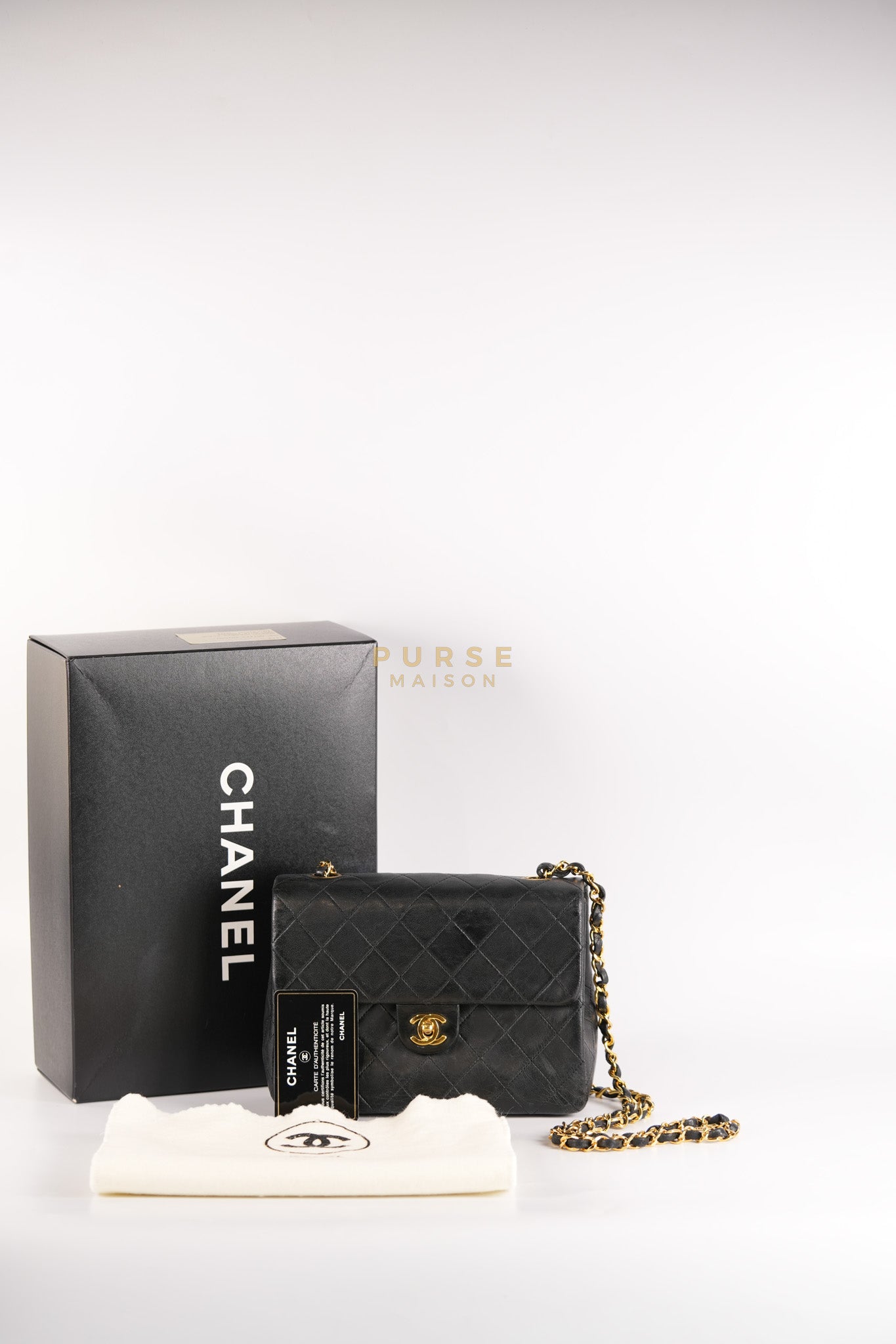 Classic Square Flap Bag in Black Quilted Lambskin Leather and 24k Gold Hardware Series 1 | Purse Maison Luxury Bags Shop