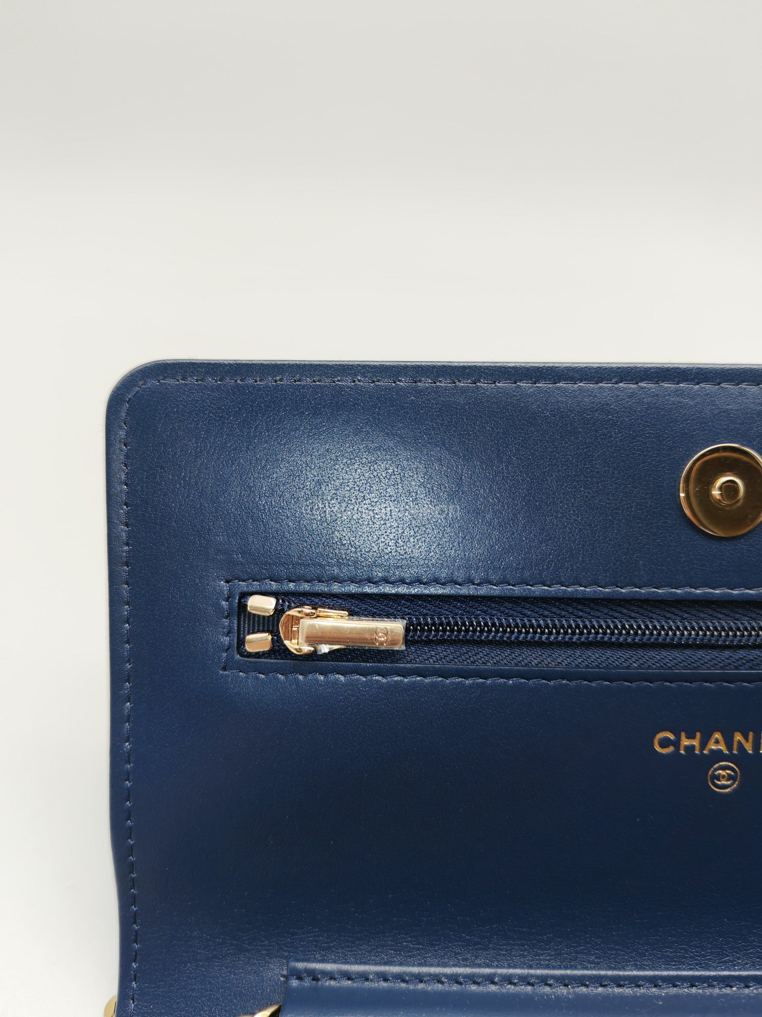 Chanel Classic Wallet on Chain (WOC) in Denim Fabric Canvas Light Gold (Microchip) | Purse Maison Luxury Bags Shop