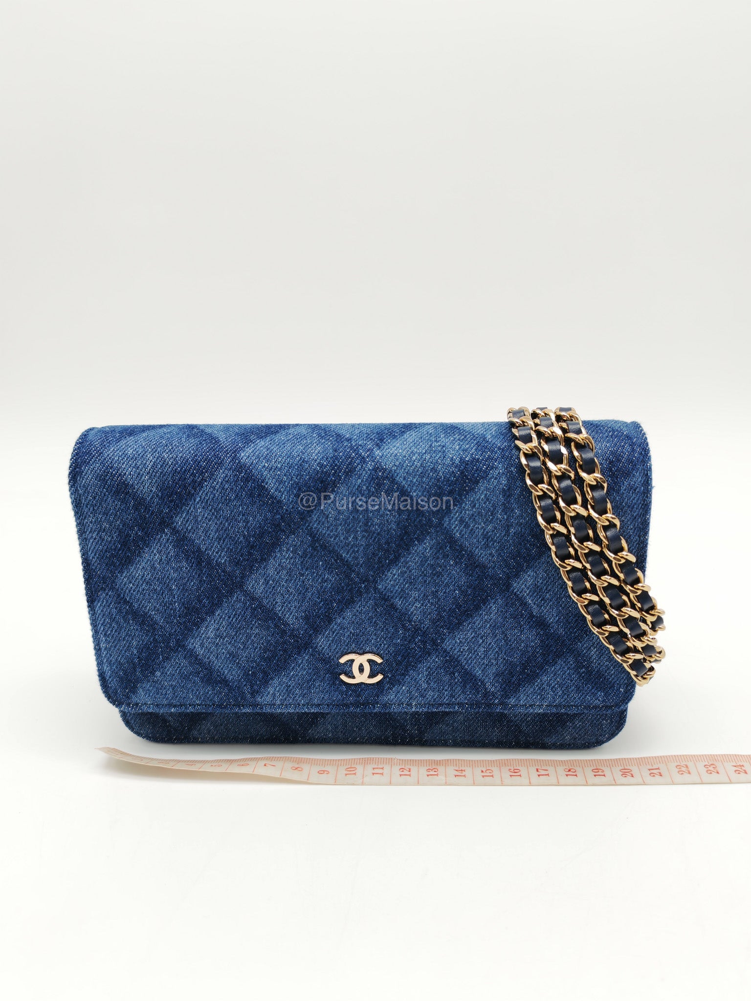 Chanel Classic Wallet on Chain (WOC) in Denim Fabric Canvas Light Gold (Microchip) | Purse Maison Luxury Bags Shop