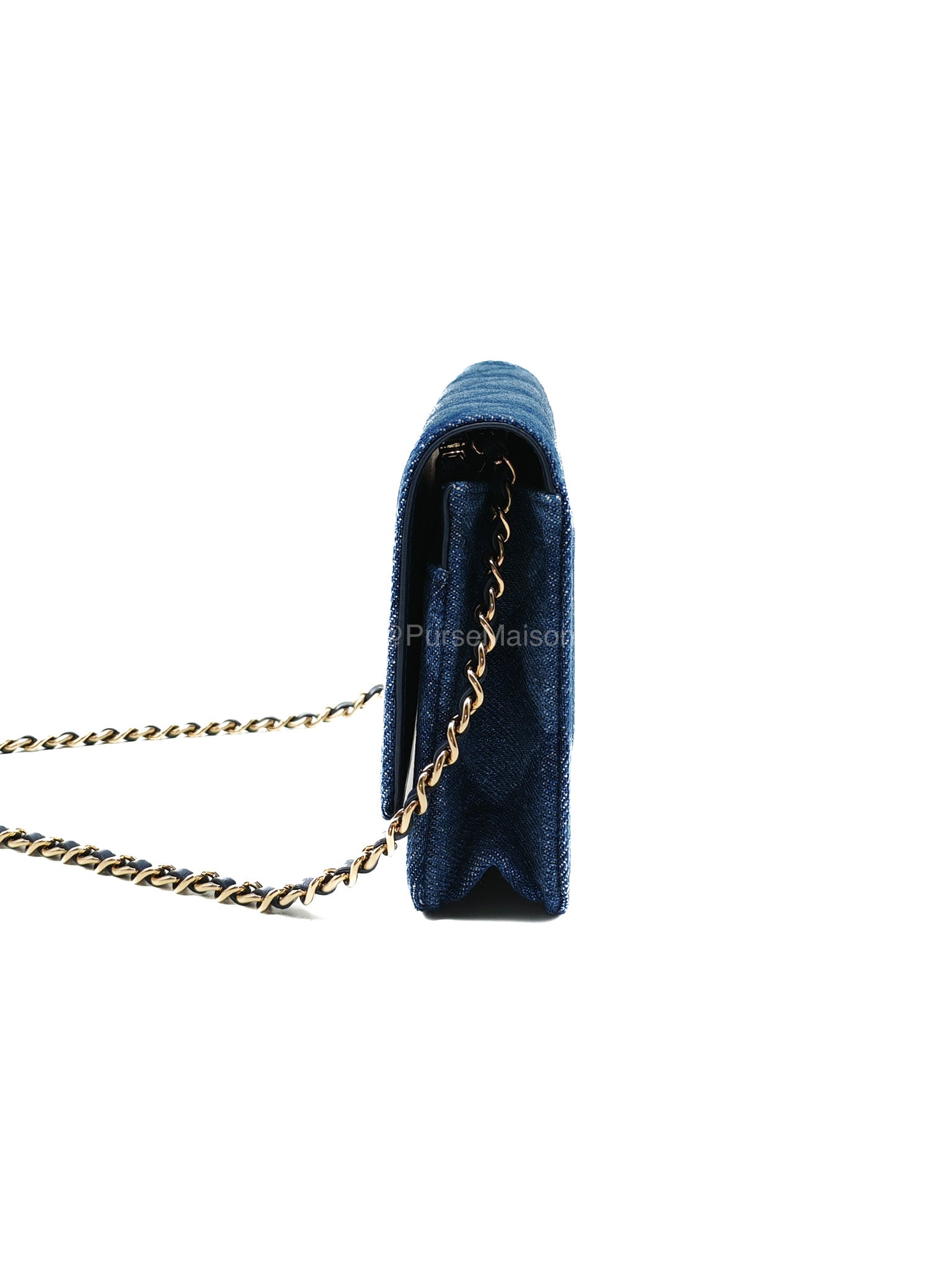 Chanel Classic Wallet on Chain (WOC) in Denim Fabric Canvas Light Gold (Microchip) | Purse Maison Luxury Bags Shop