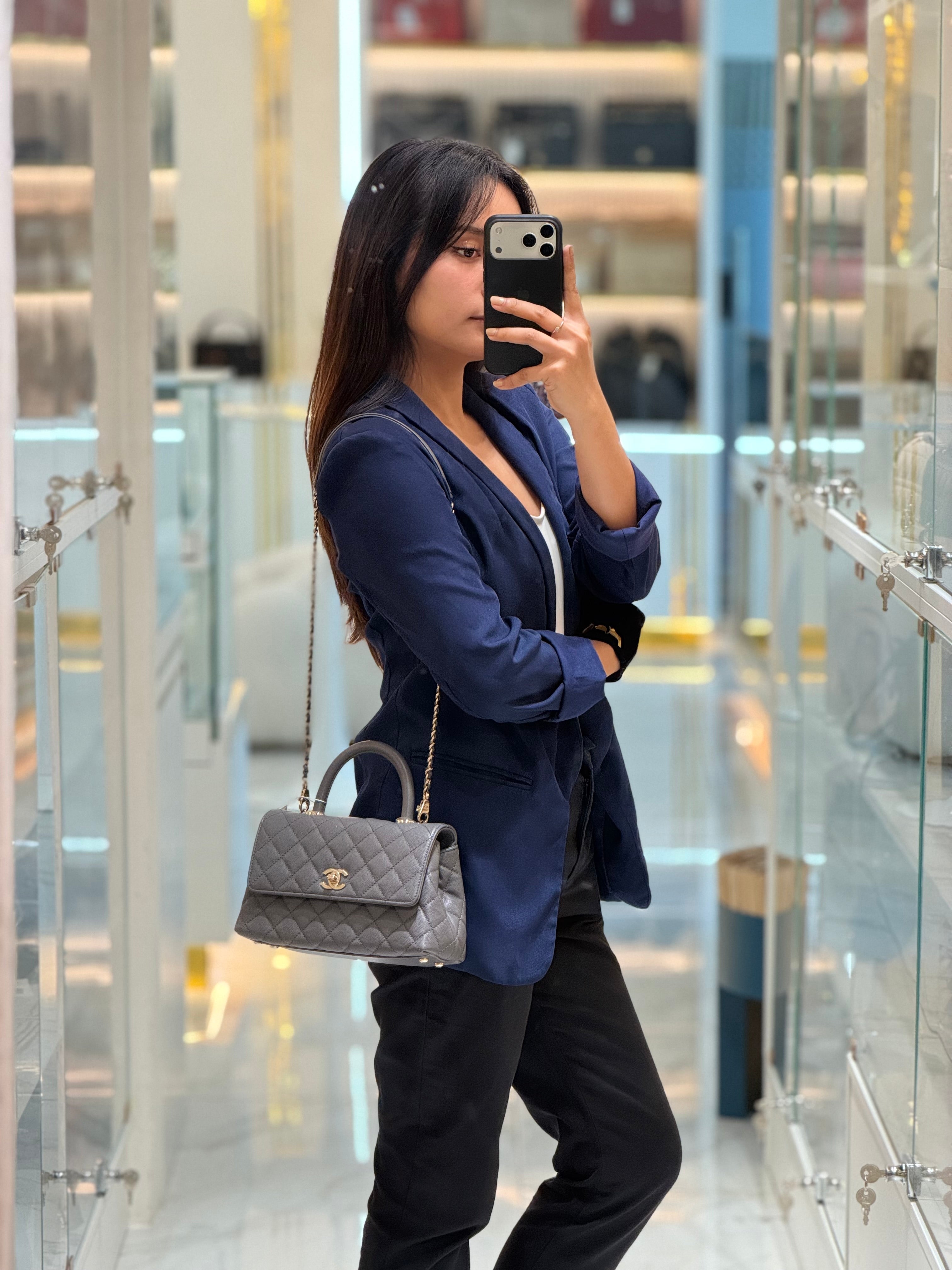 Coco Handle Small in Gray Quilted Caviar Leather & Light Gold Hardware Microchip | Purse Maison Luxury Bags Shop