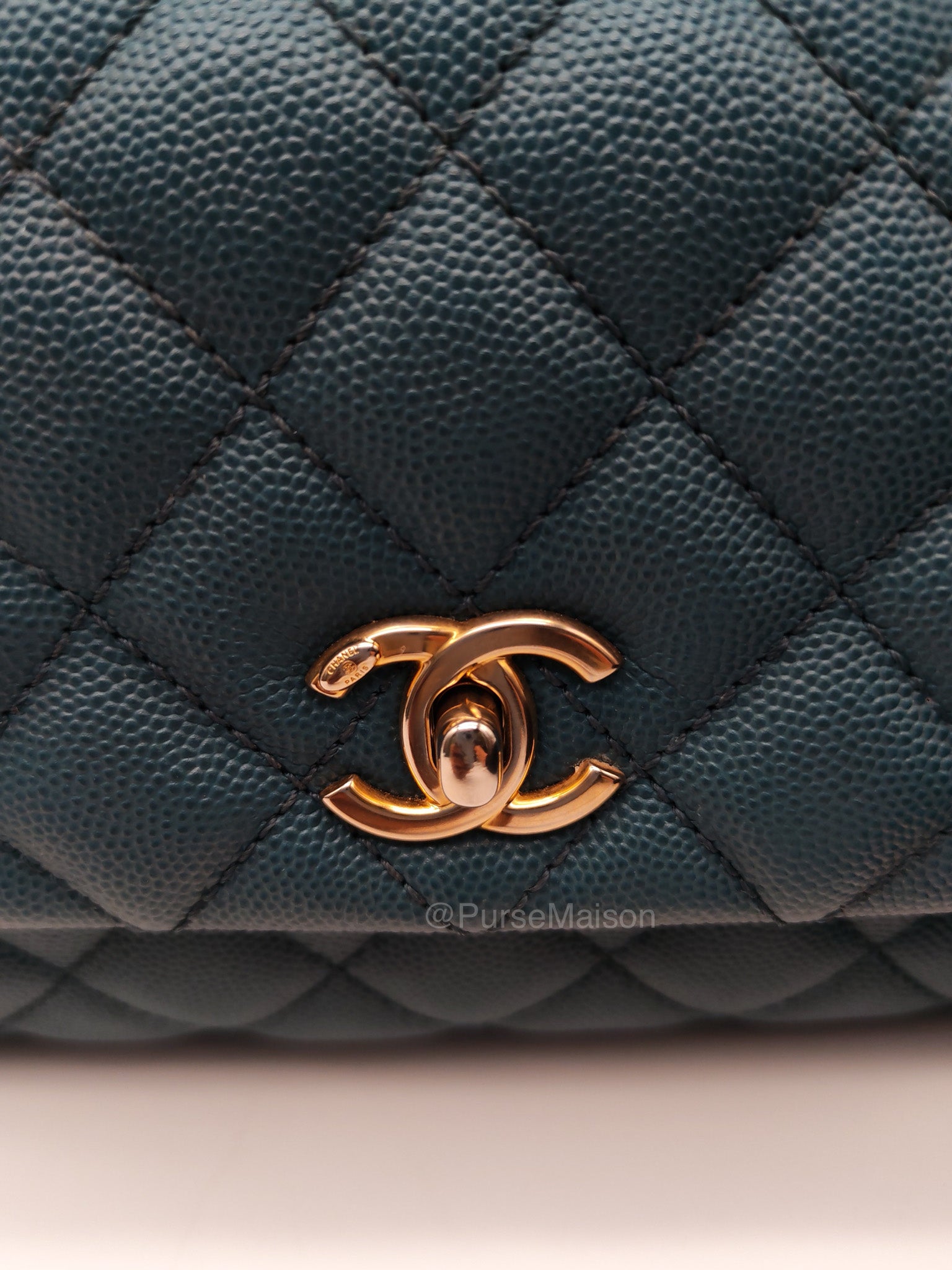 Chanel Coco Lizard Handle Small in Dark Turquoise Quilted Caviar Leather and Aged Gold Hardware Series 28 | Purse Maison Luxury Bags Shop