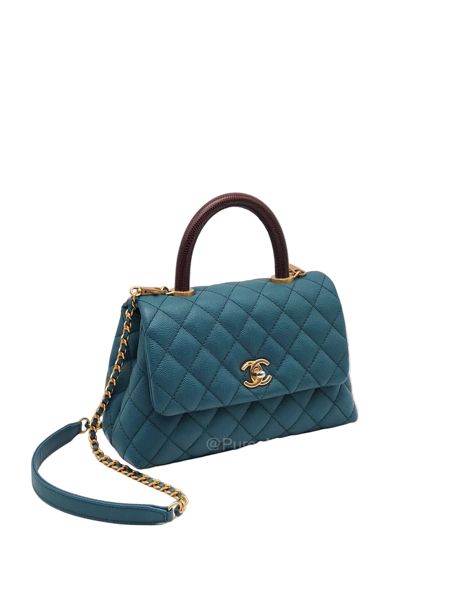 Chanel Coco Lizard Handle Small in Dark Turquoise Quilted Caviar Leather and Aged Gold Hardware Series 28 | Purse Maison Luxury Bags Shop