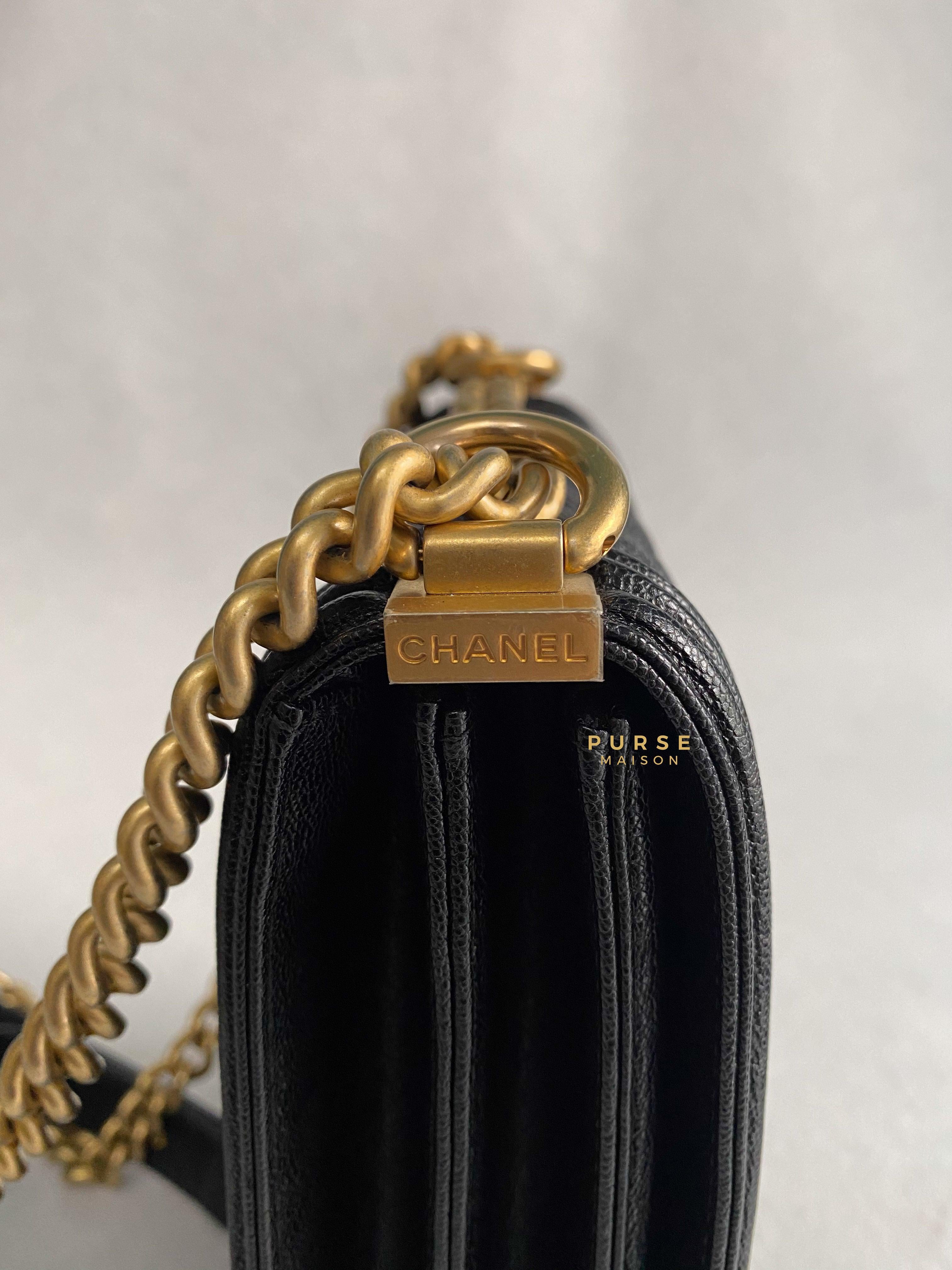 Chanel Cruise Boy North South in Black Caviar Leather and Aged Gold Hardware Series 26 | Purse Maison Luxury Bags Shop