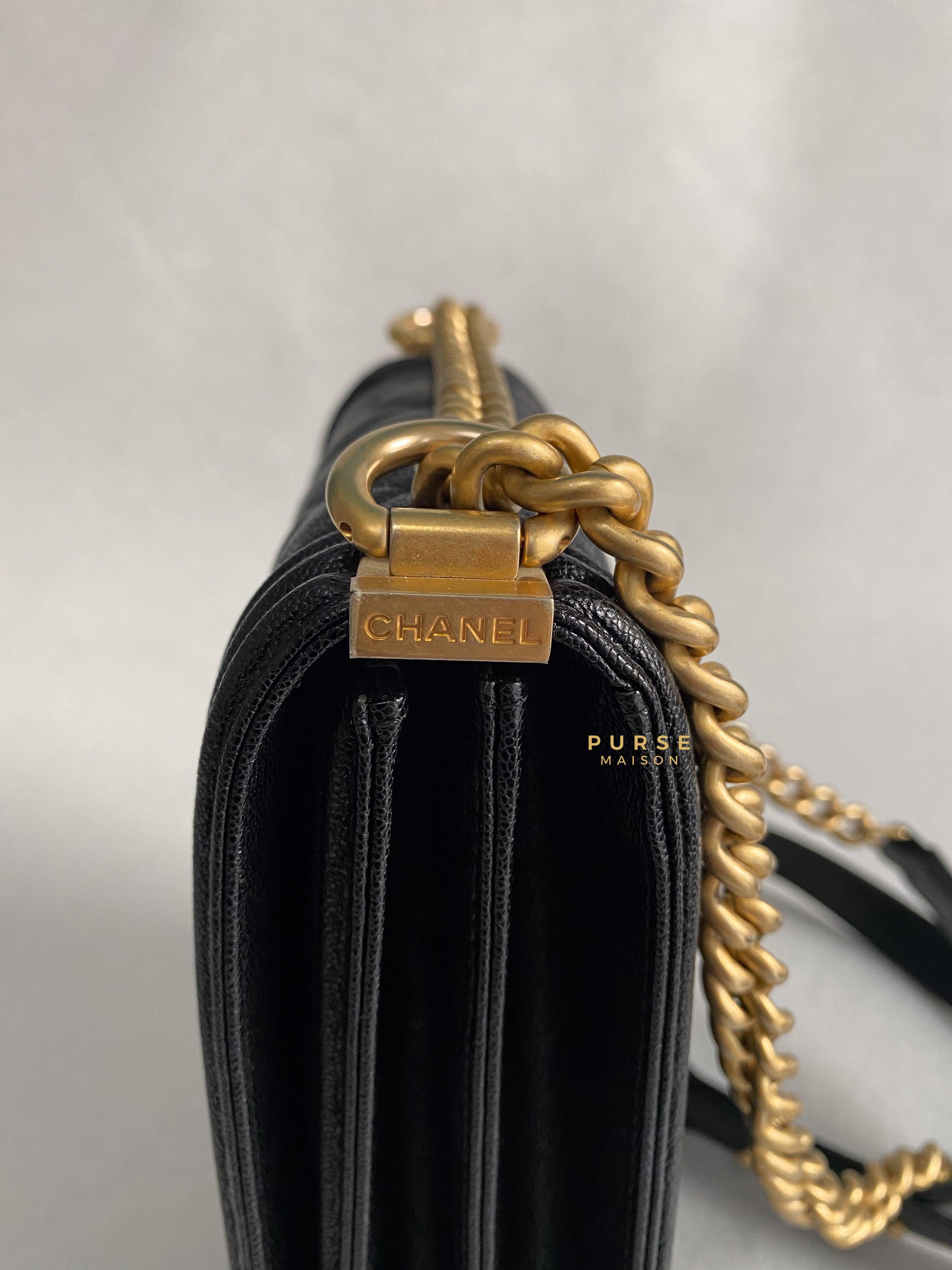Chanel Cruise Boy North South in Black Caviar Leather and Aged Gold Hardware Series 26 | Purse Maison Luxury Bags Shop
