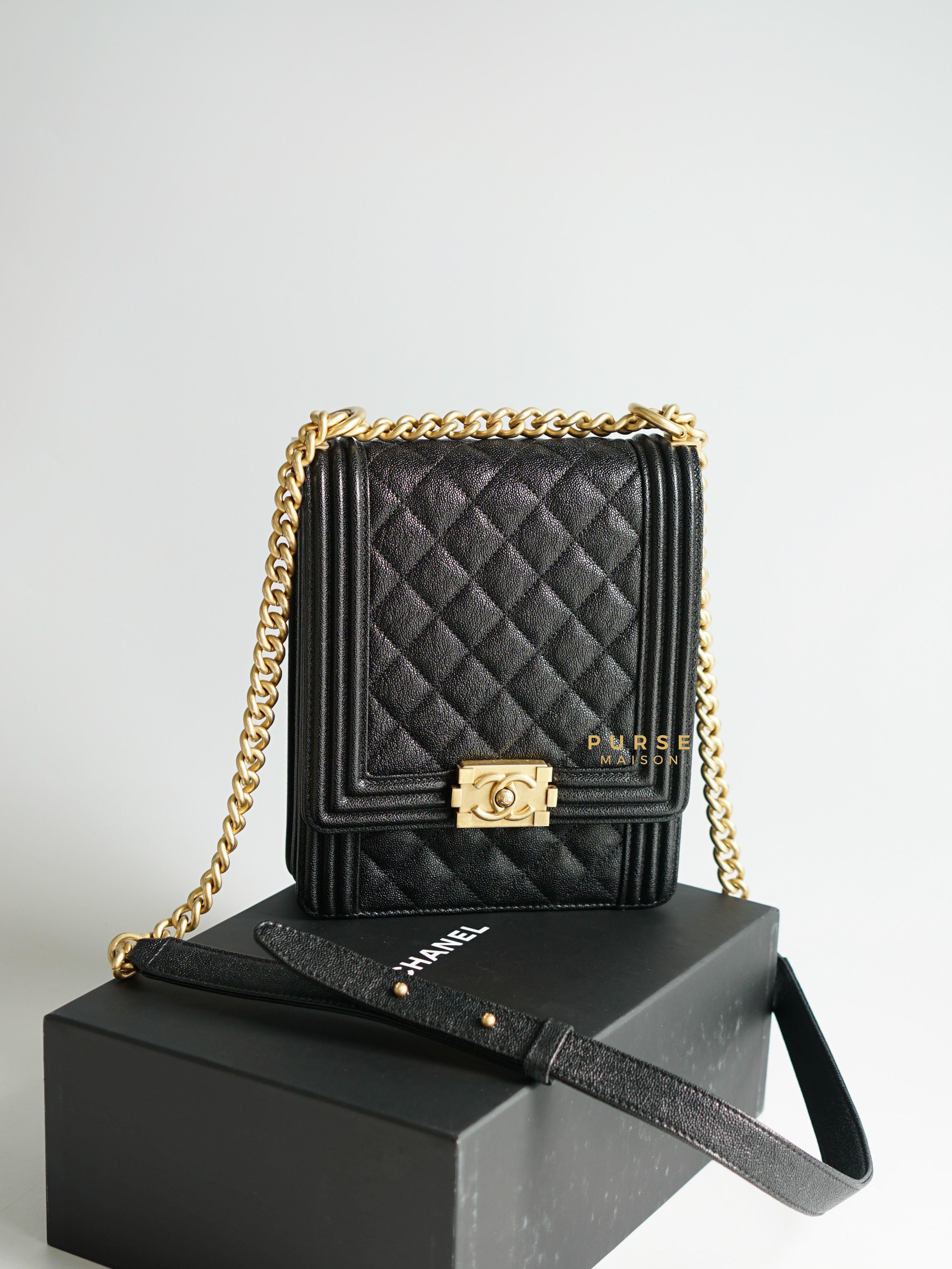 Chanel Cruise Boy North South in Black Caviar Leather and Aged Gold Hardware Series 26 | Purse Maison Luxury Bags Shop