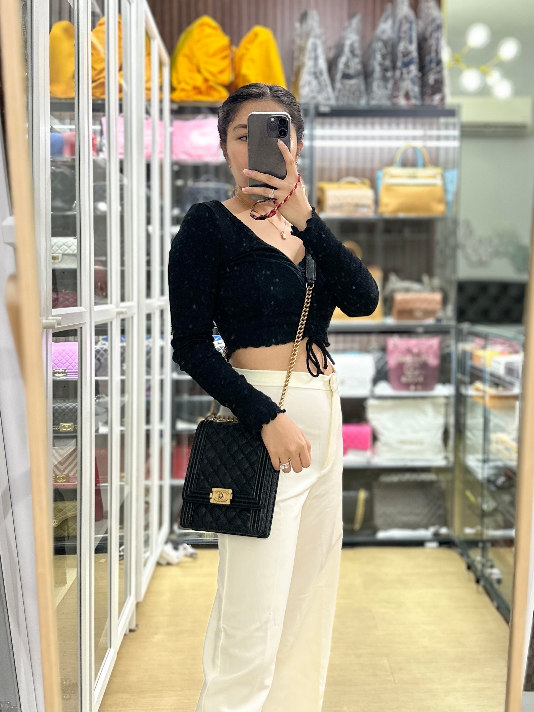 Chanel Boy North South Flap Bag in Black Quilted Caviar Leather and Aged Gold Hardware Series 28