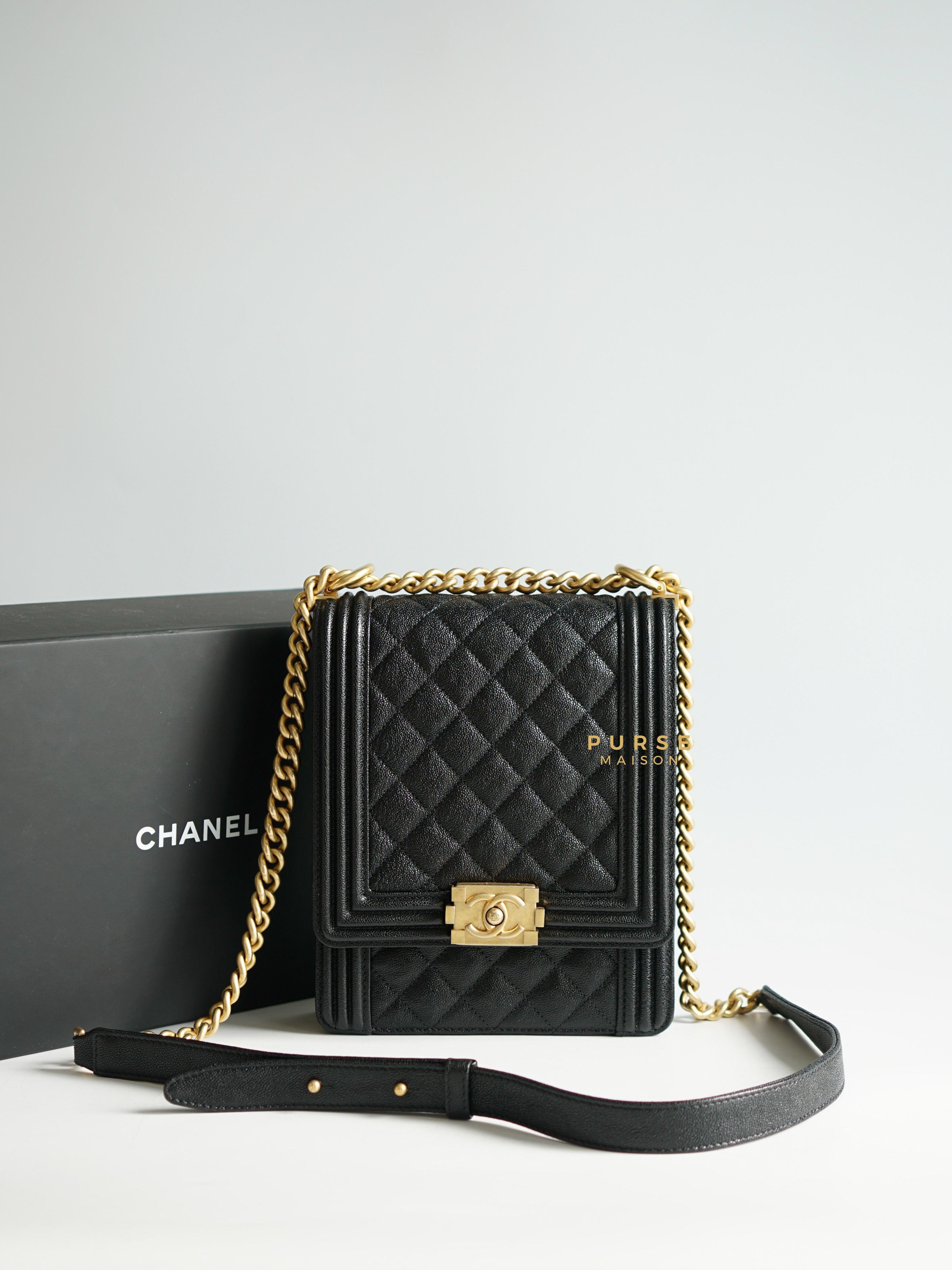 Chanel Cruise Boy North South in Black Caviar Leather and Aged Gold Hardware Series 26 | Purse Maison Luxury Bags Shop