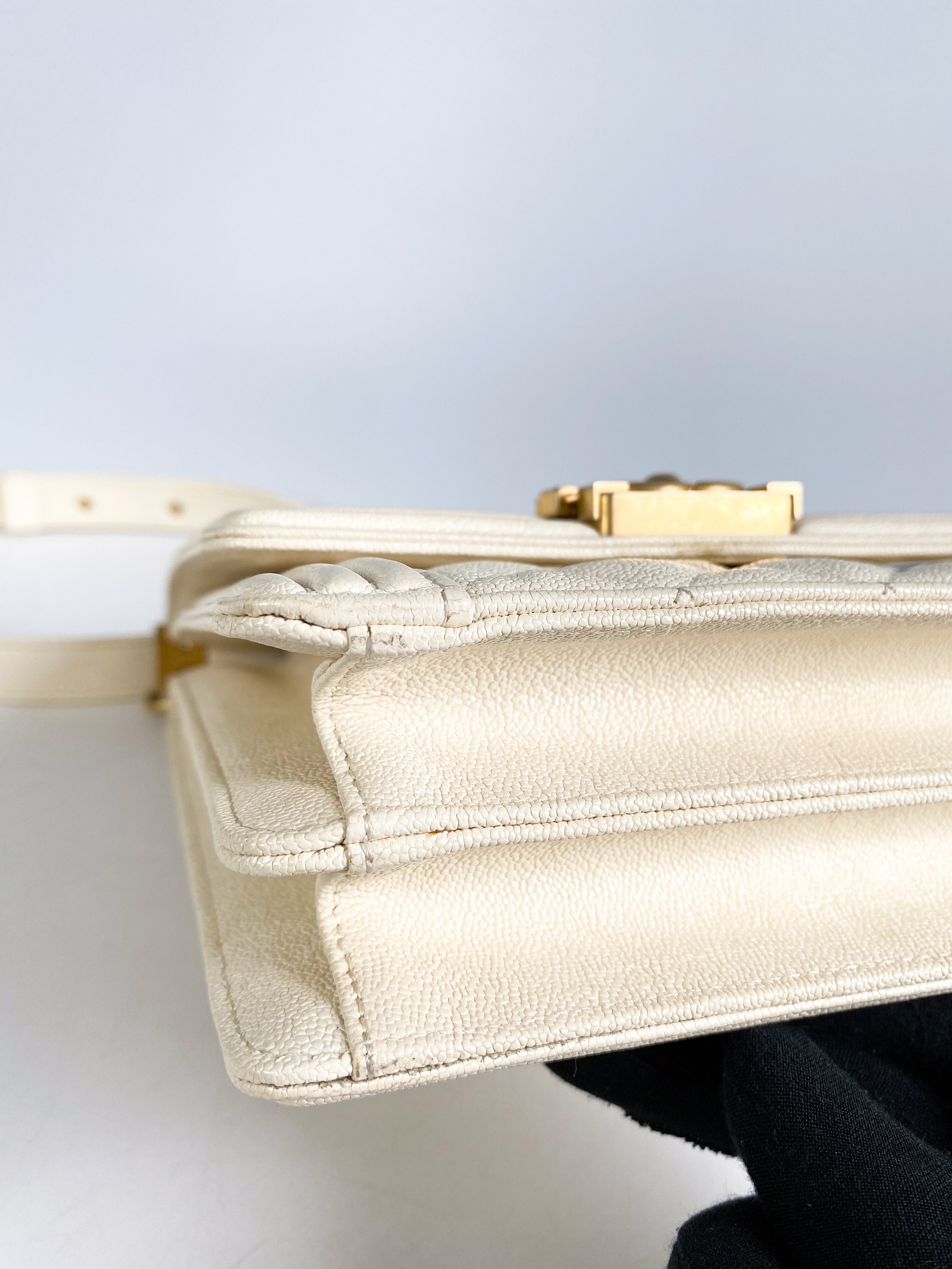 Chanel Cruise Boy North South in White Caviar Leather and Aged Gold Hardware Series 26