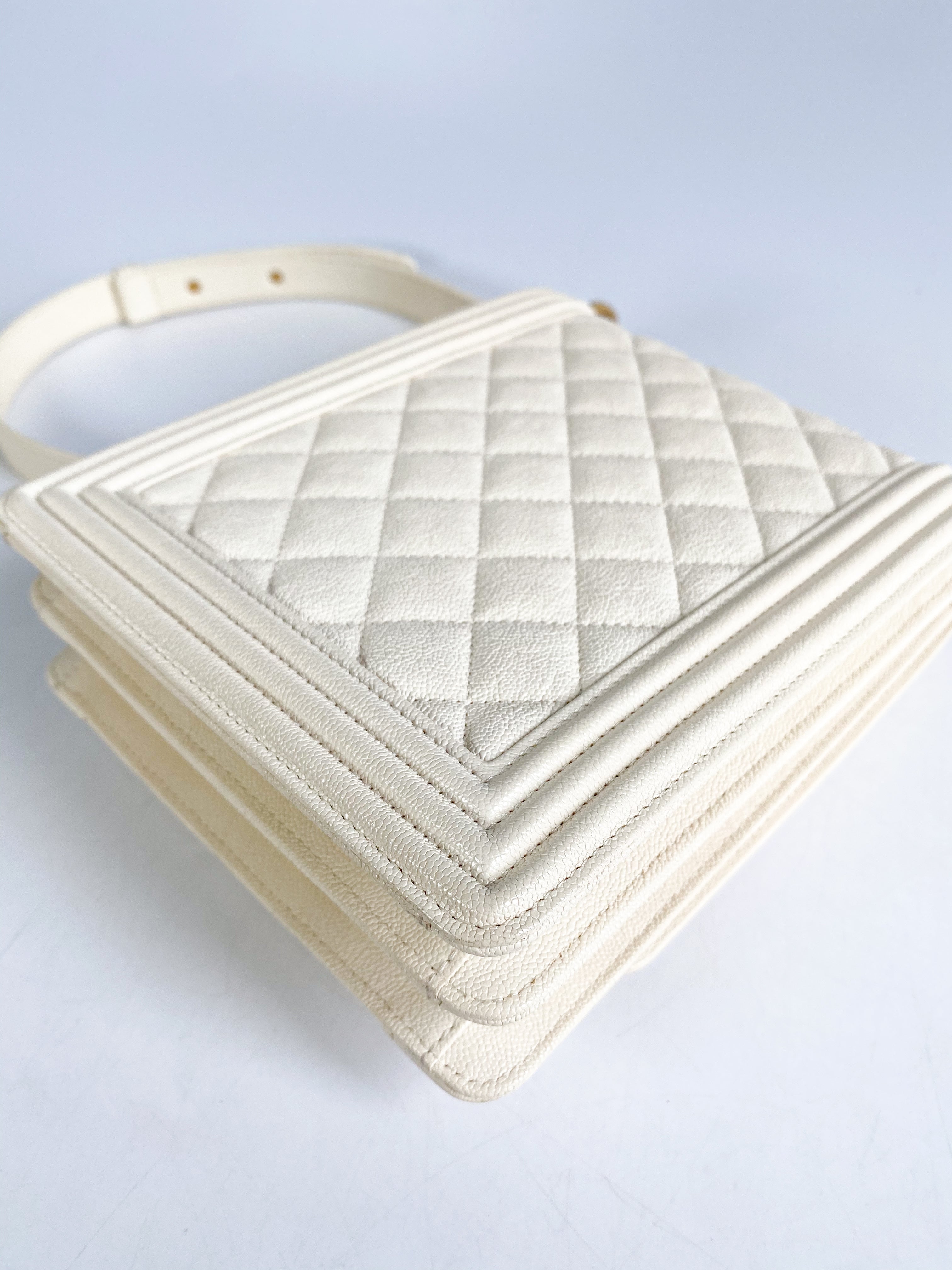Chanel Cruise Boy North South in White Caviar Leather and Aged Gold Hardware Series 26