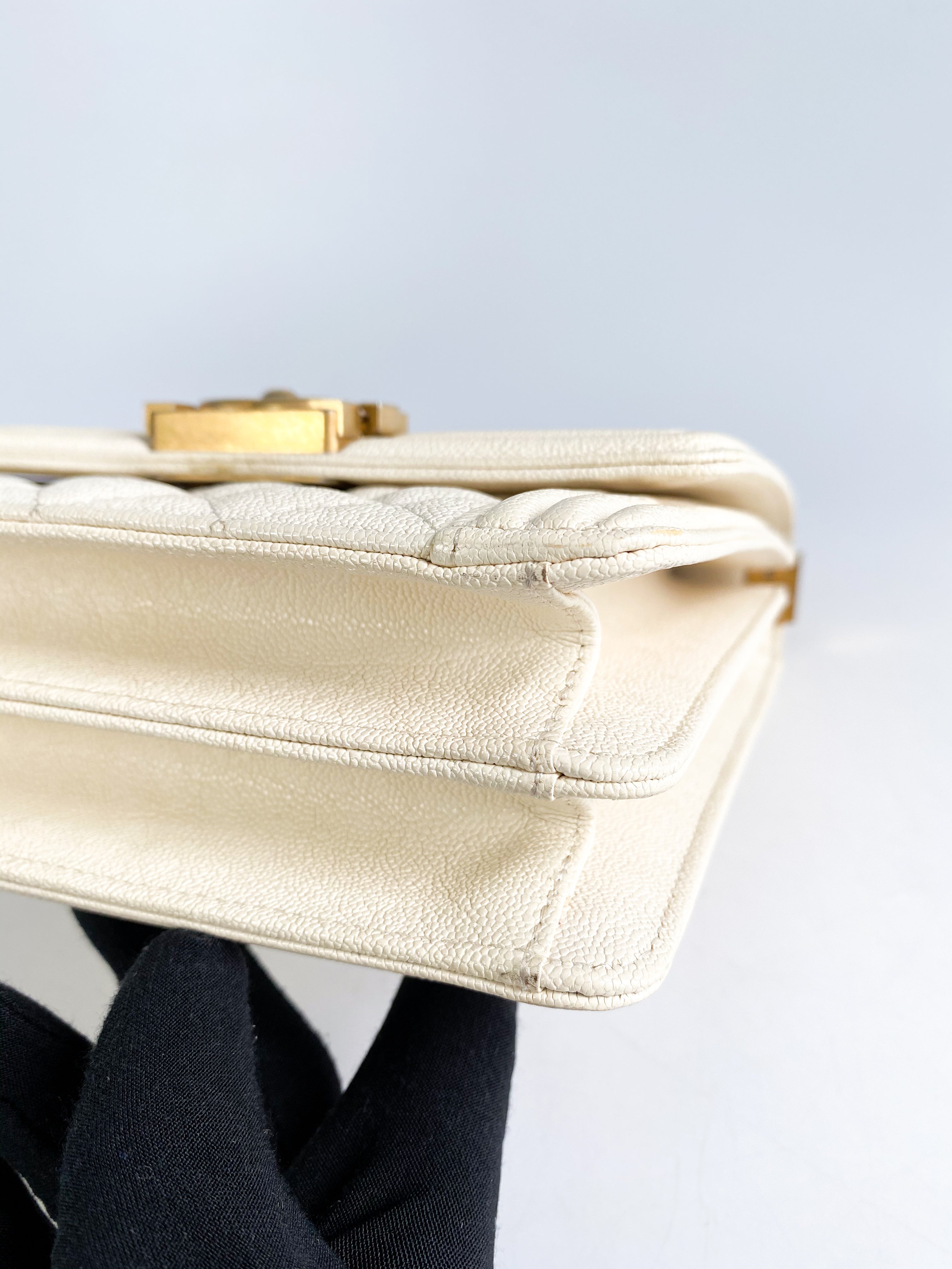 Chanel Cruise Boy North South in White Caviar Leather and Aged Gold Hardware Series 26
