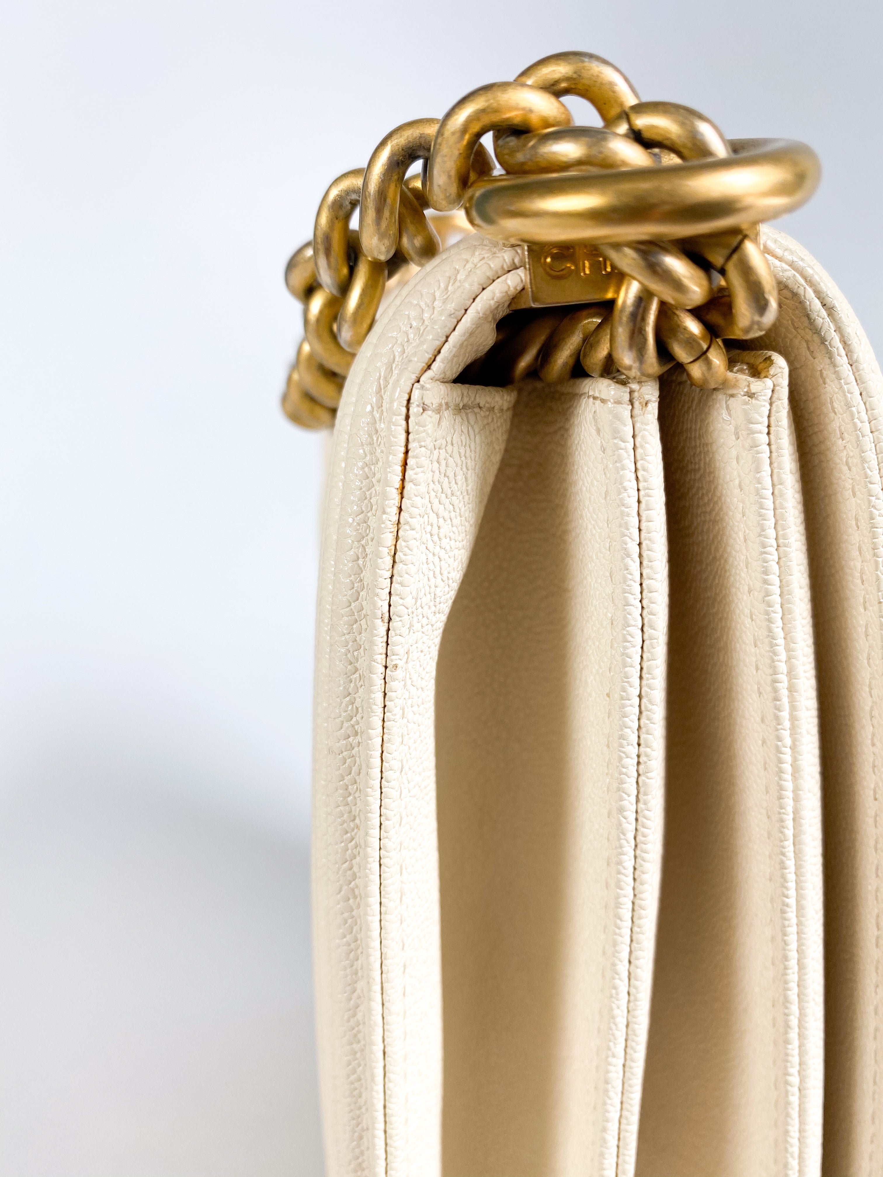 Chanel Cruise Boy North South in White Caviar Leather and Aged Gold Hardware Series 26