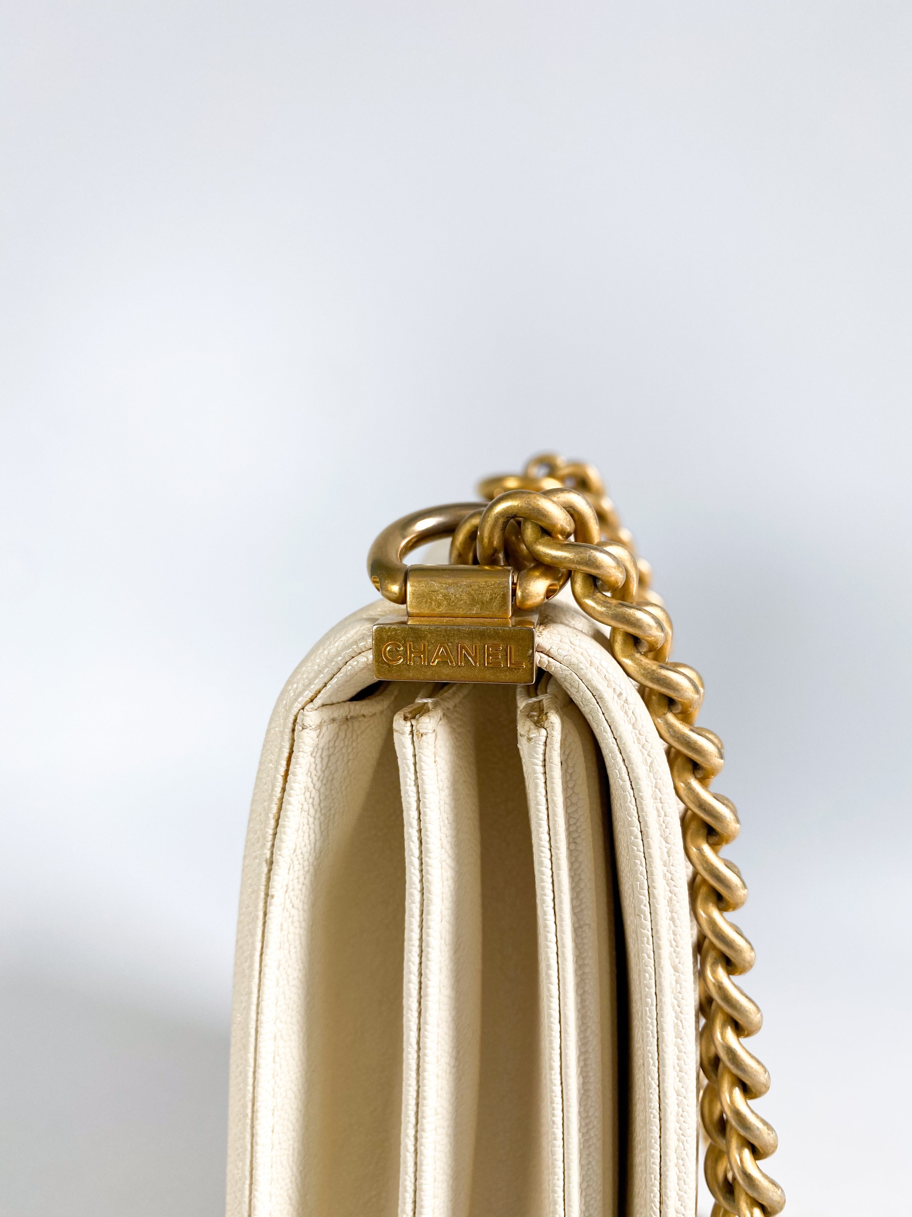 Chanel Cruise Boy North South in White Caviar Leather and Aged Gold Hardware Series 26