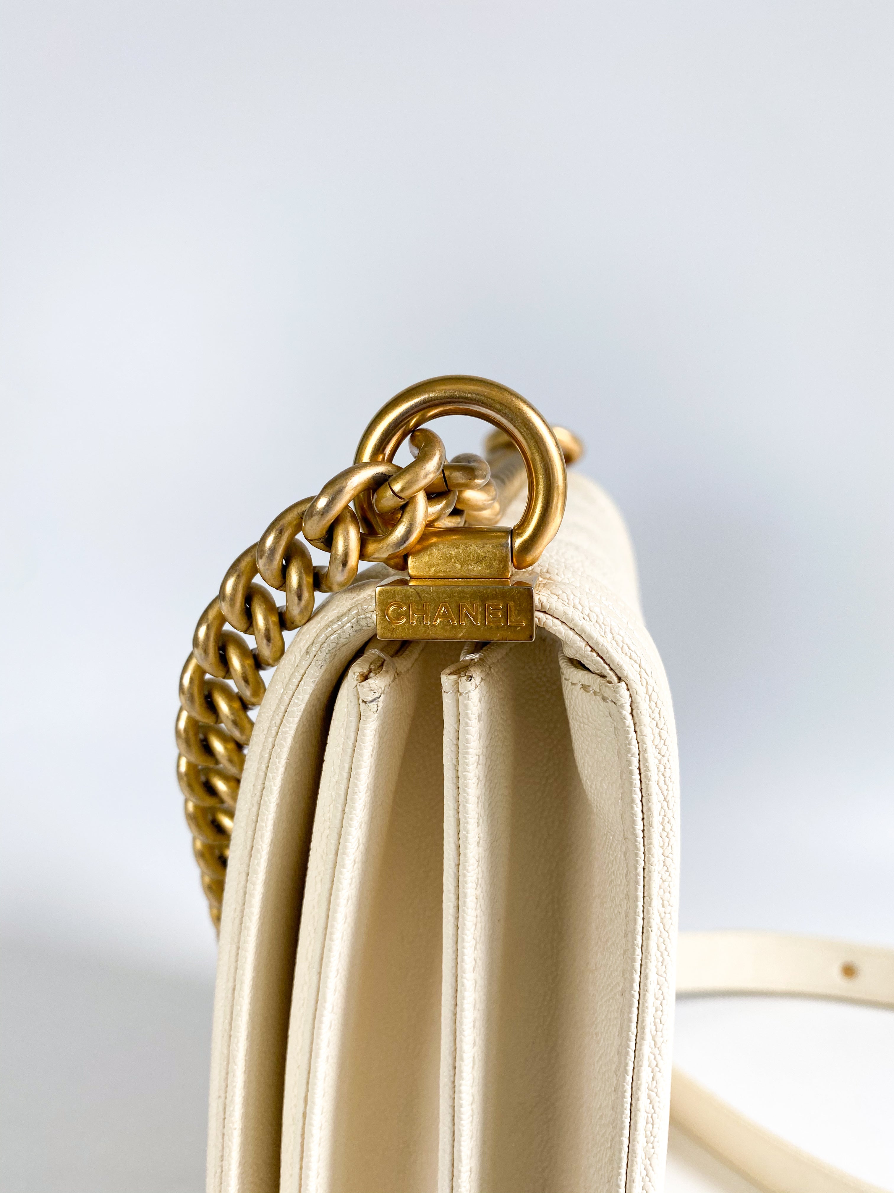 Chanel Cruise Boy North South in White Caviar Leather and Aged Gold Hardware Series 26