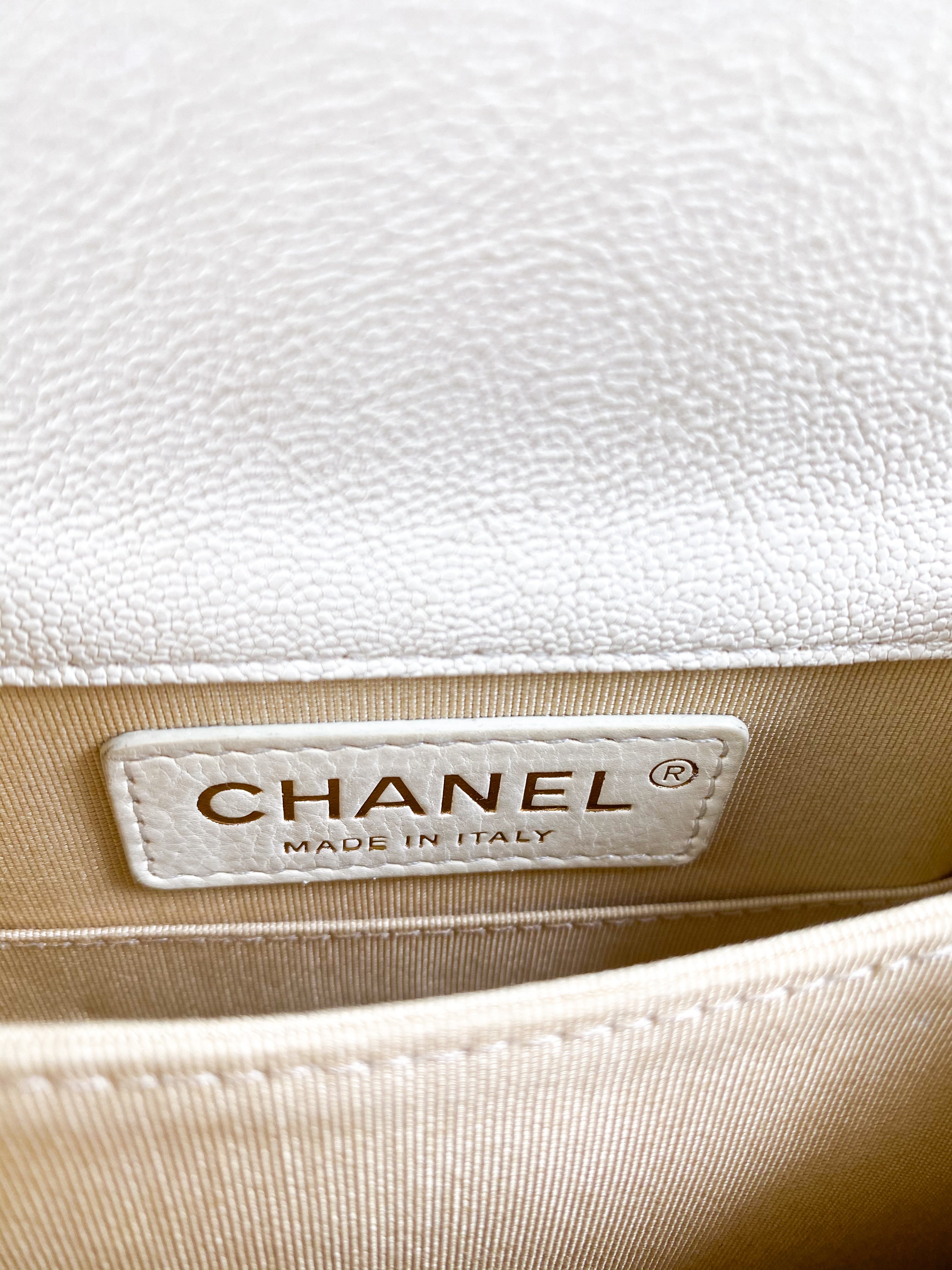 Chanel Cruise Boy North South in White Caviar Leather and Aged Gold Hardware Series 26