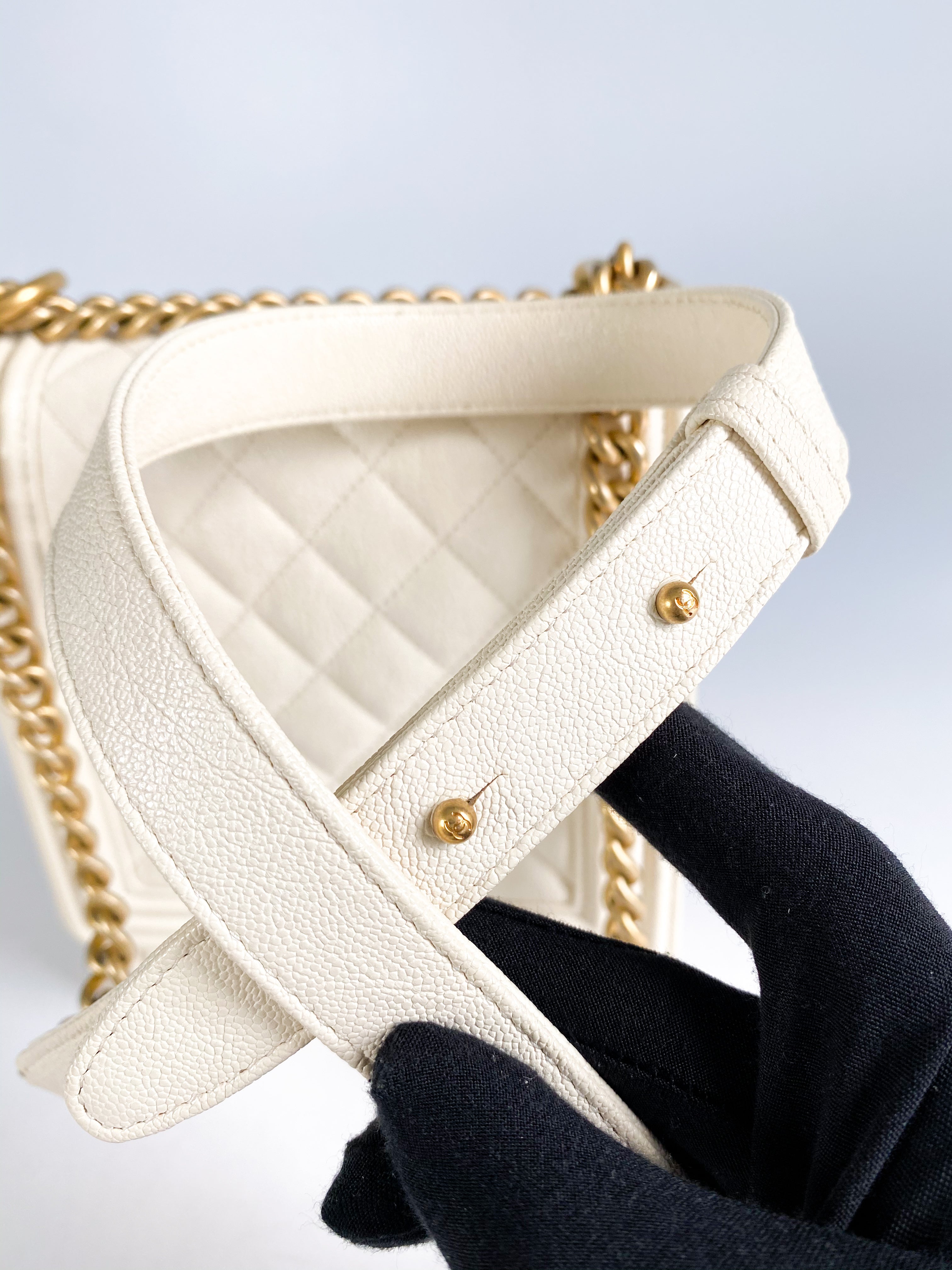 Chanel Cruise Boy North South in White Caviar Leather and Aged Gold Hardware Series 26