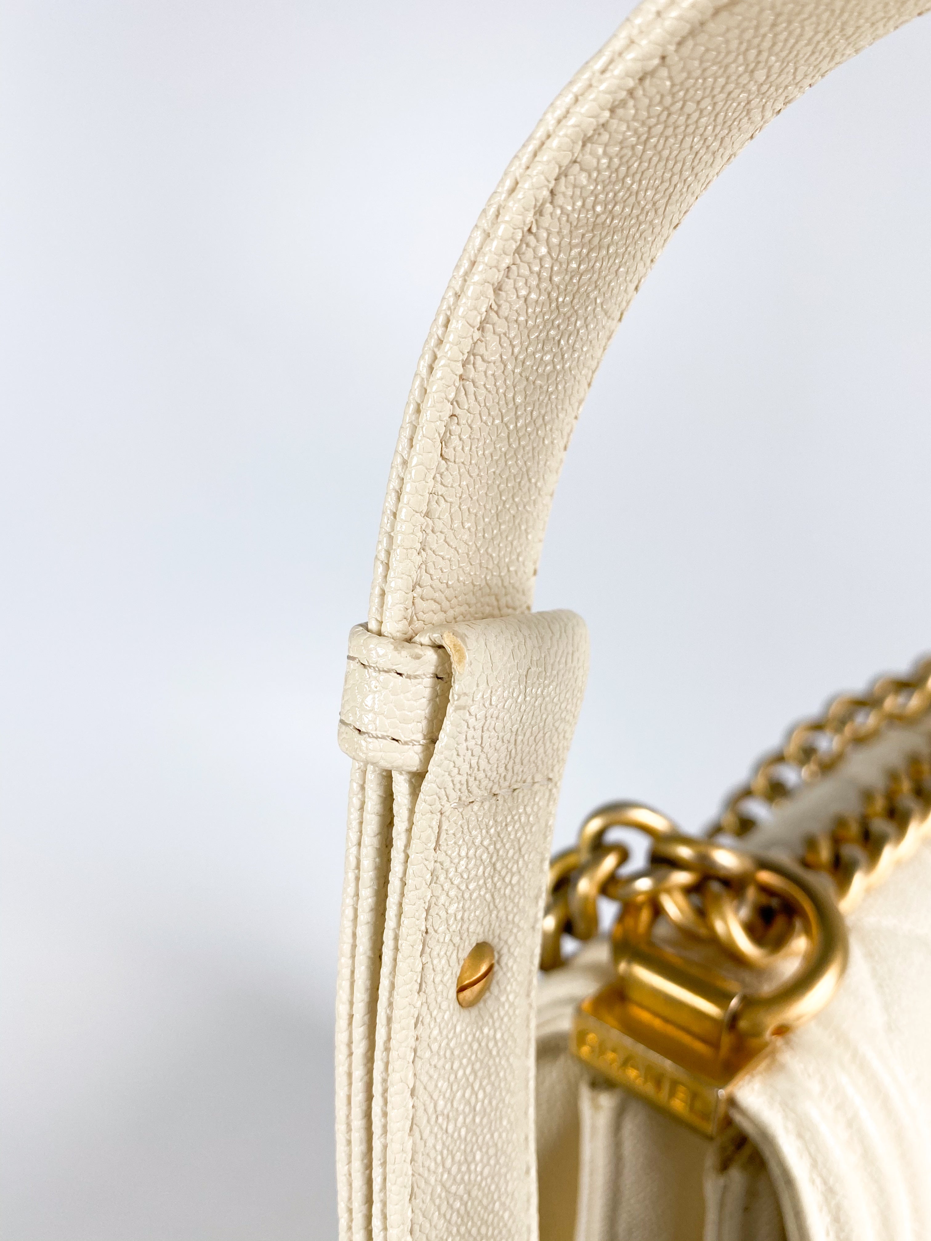 Chanel Cruise Boy North South in White Caviar Leather and Aged Gold Hardware Series 26