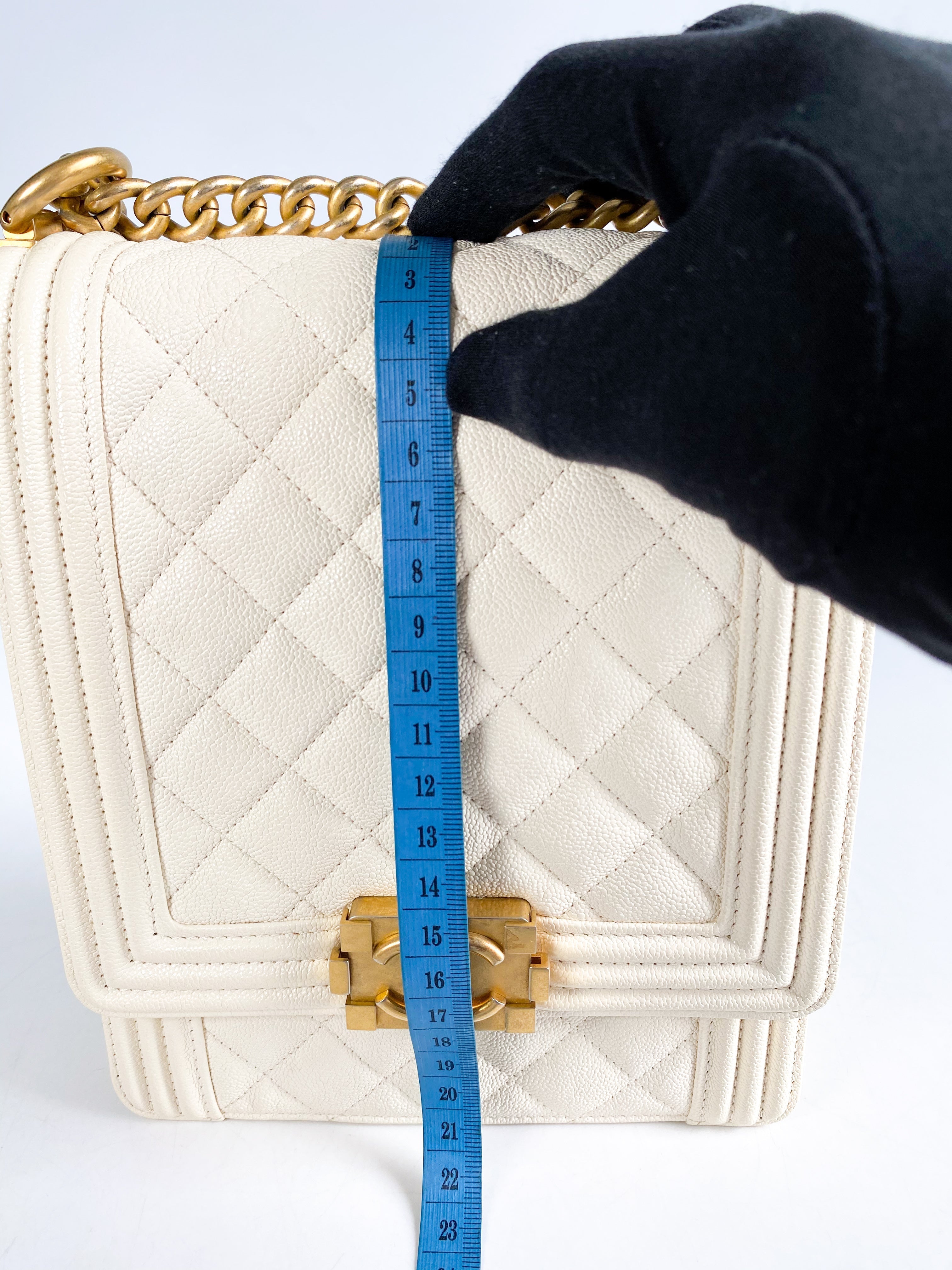Chanel Cruise Boy North South in White Caviar Leather and Aged Gold Hardware Series 26