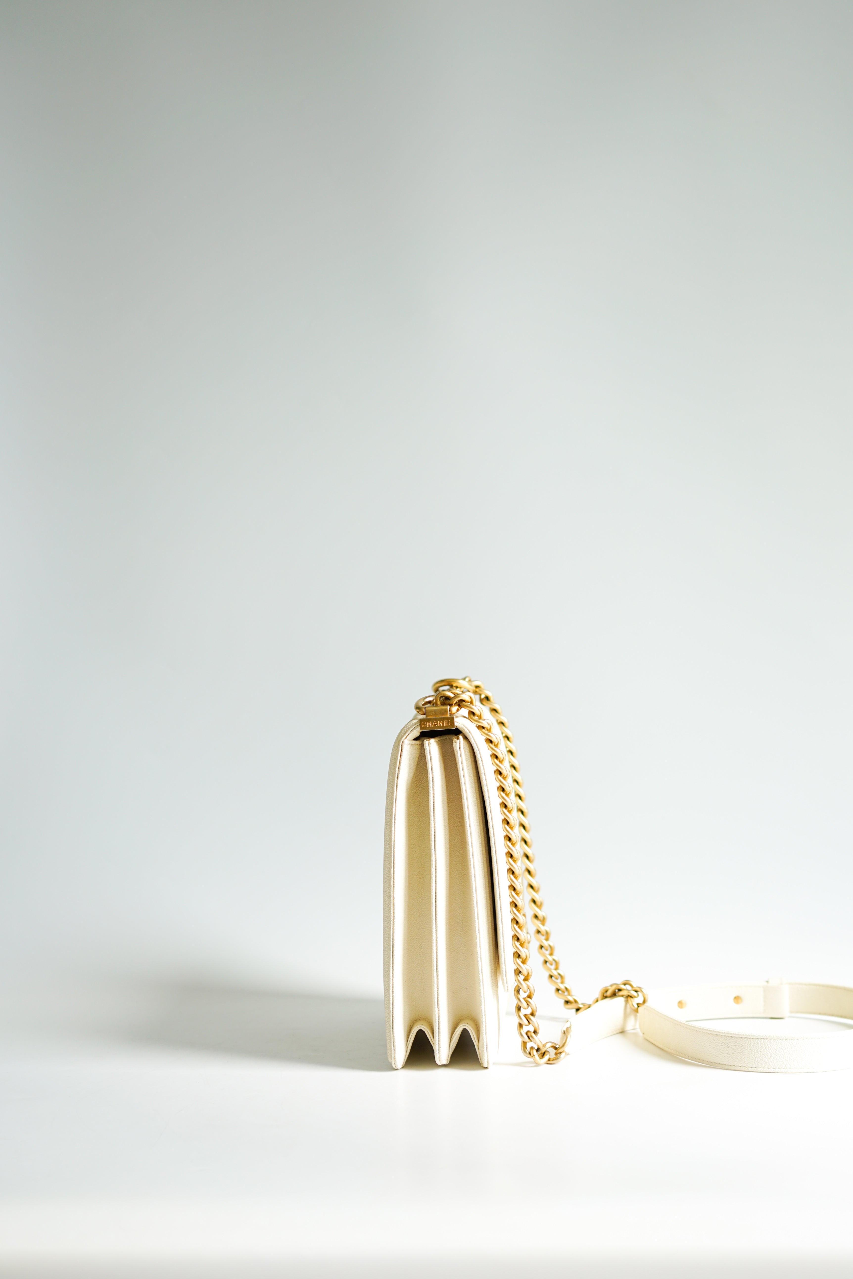 Chanel Cruise Boy North South in White Caviar Leather and Aged Gold Hardware Series 26