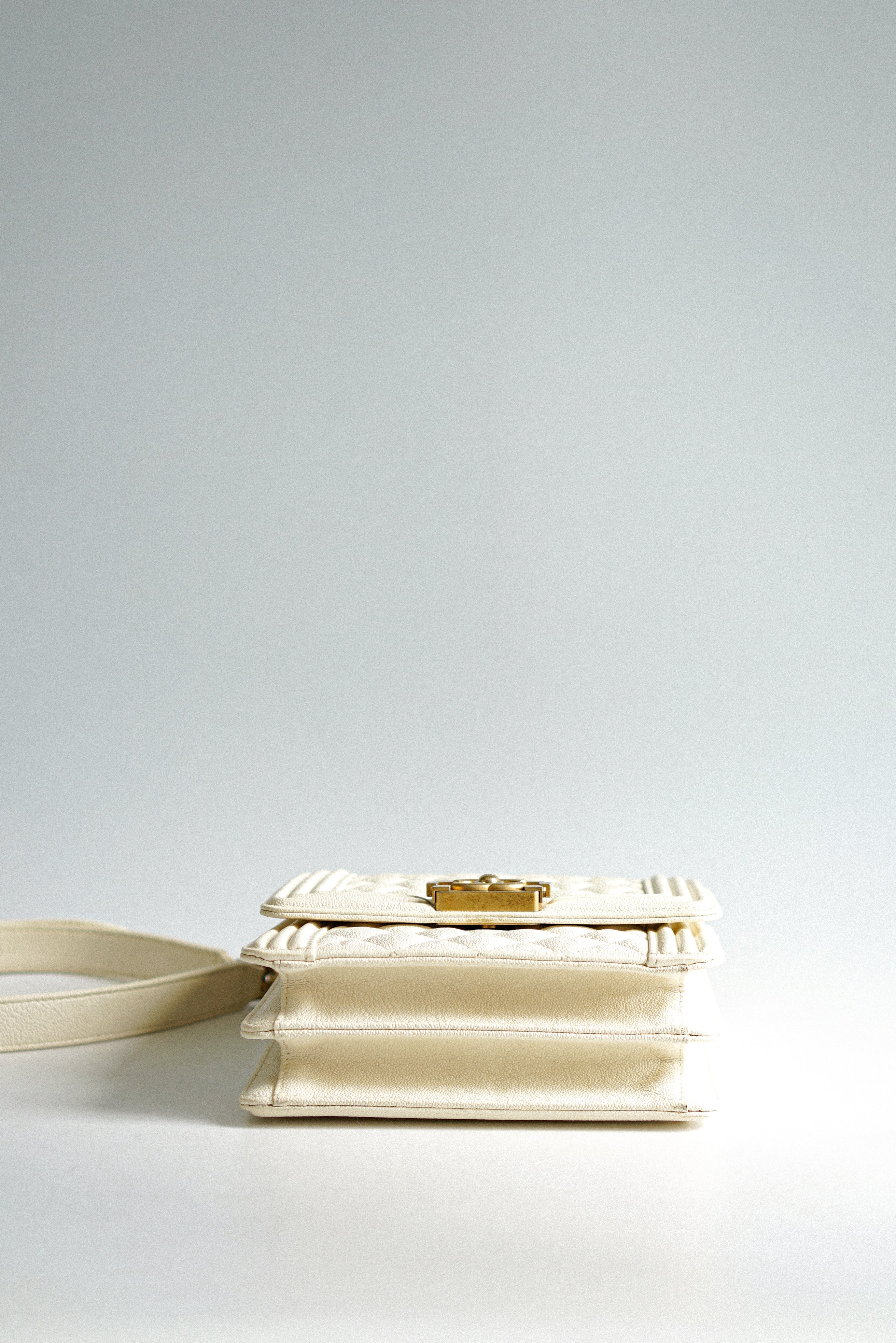 Chanel Cruise Boy North South in White Caviar Leather and Aged Gold Hardware Series 26