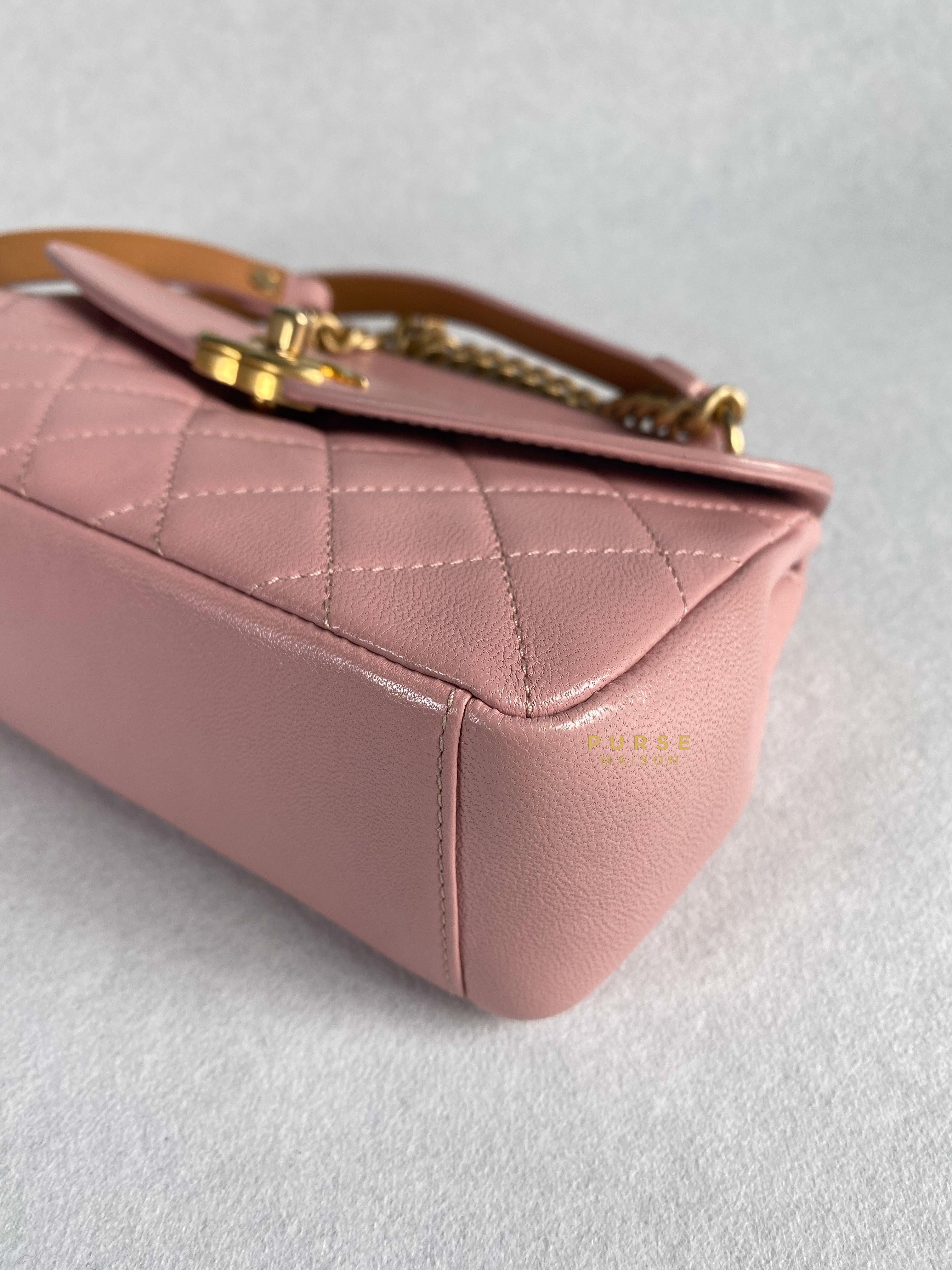 Chanel Curved Flap Bag in Baby Pink Calfskin and Aged Gold Hardware Series 27 | Purse Maison Luxury Bags Shop