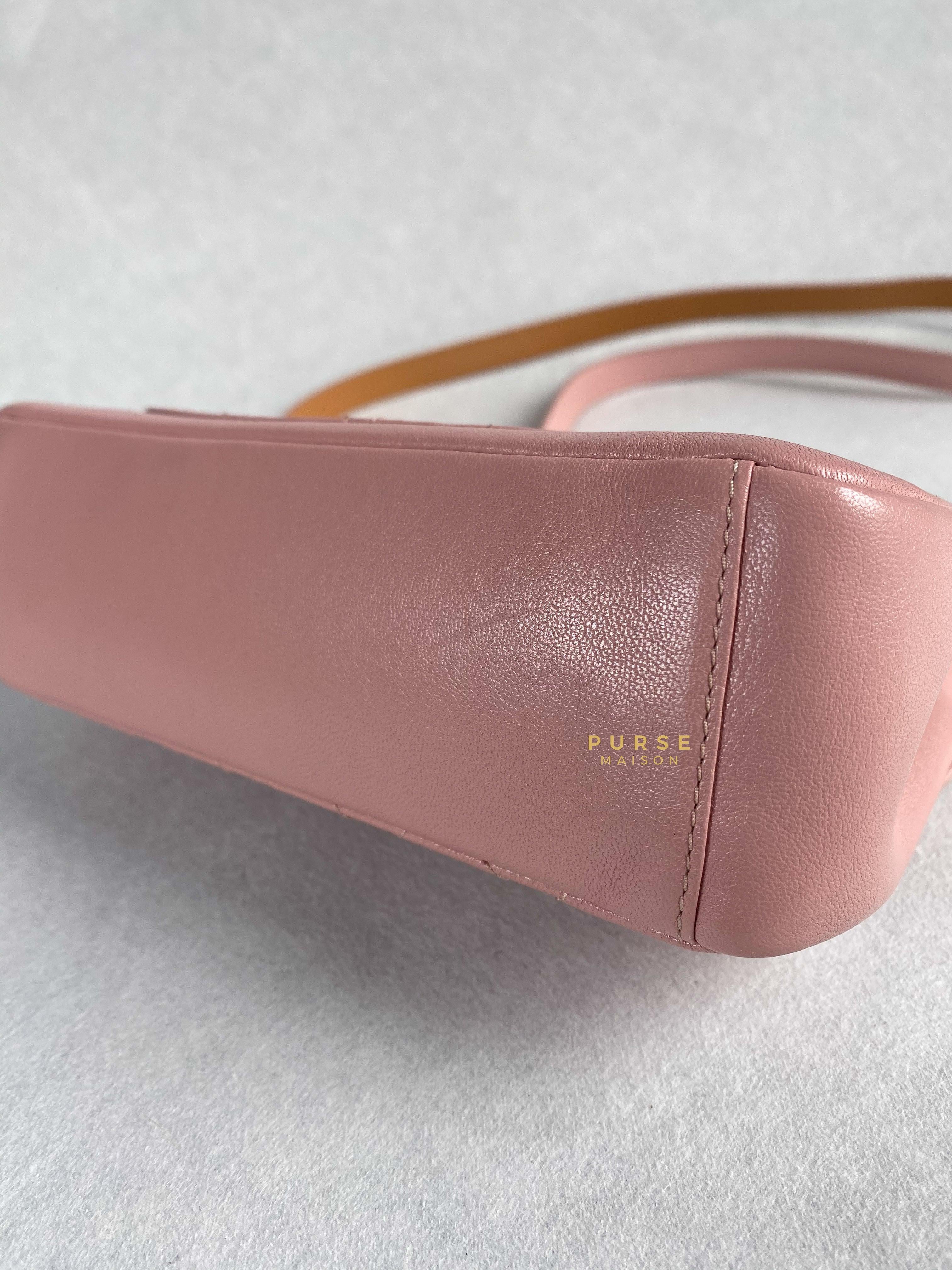 Chanel Curved Flap Bag in Baby Pink Calfskin and Aged Gold Hardware Series 27 | Purse Maison Luxury Bags Shop