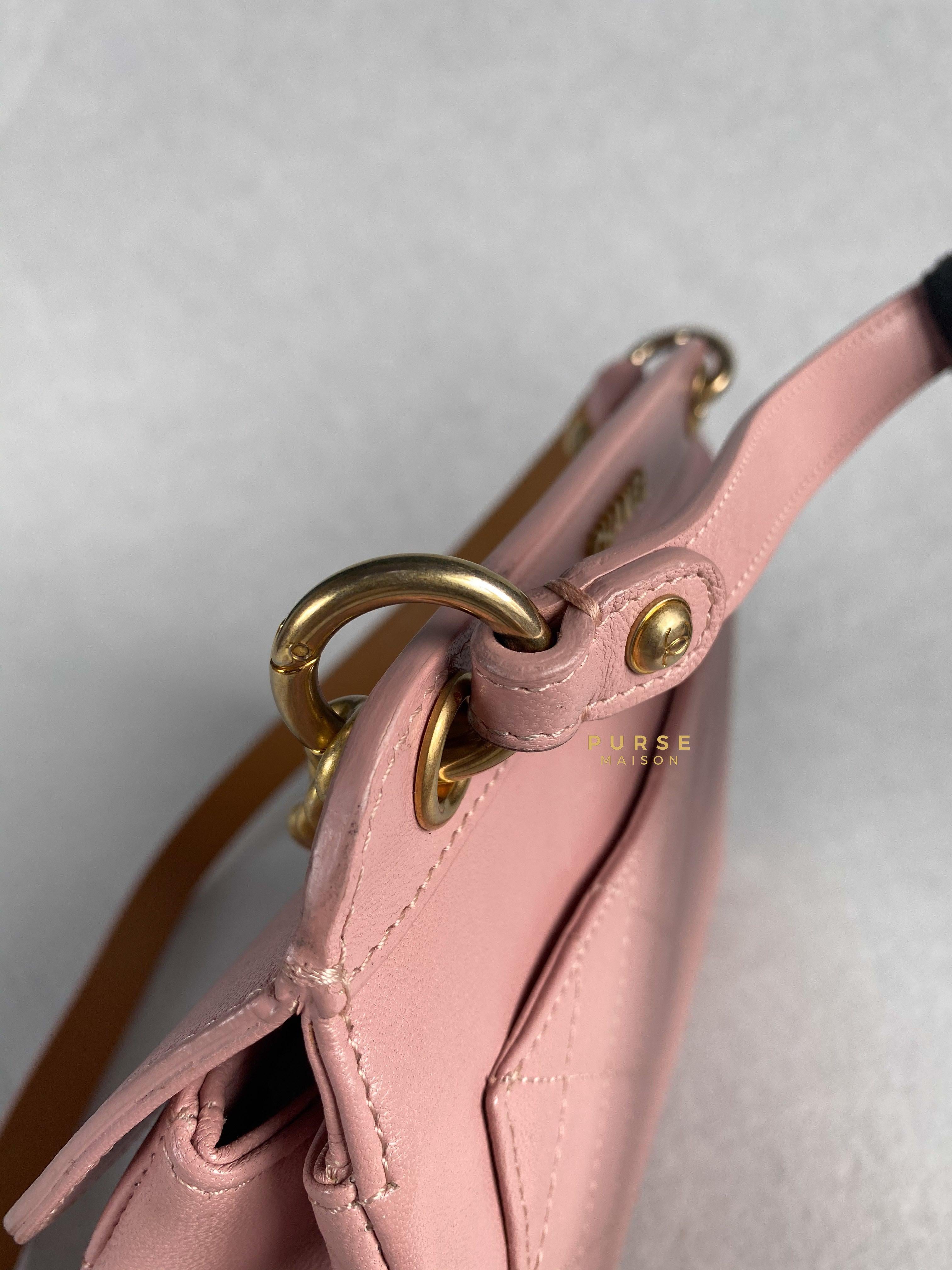 Chanel Curved Flap Bag in Baby Pink Calfskin and Aged Gold Hardware Series 27 | Purse Maison Luxury Bags Shop