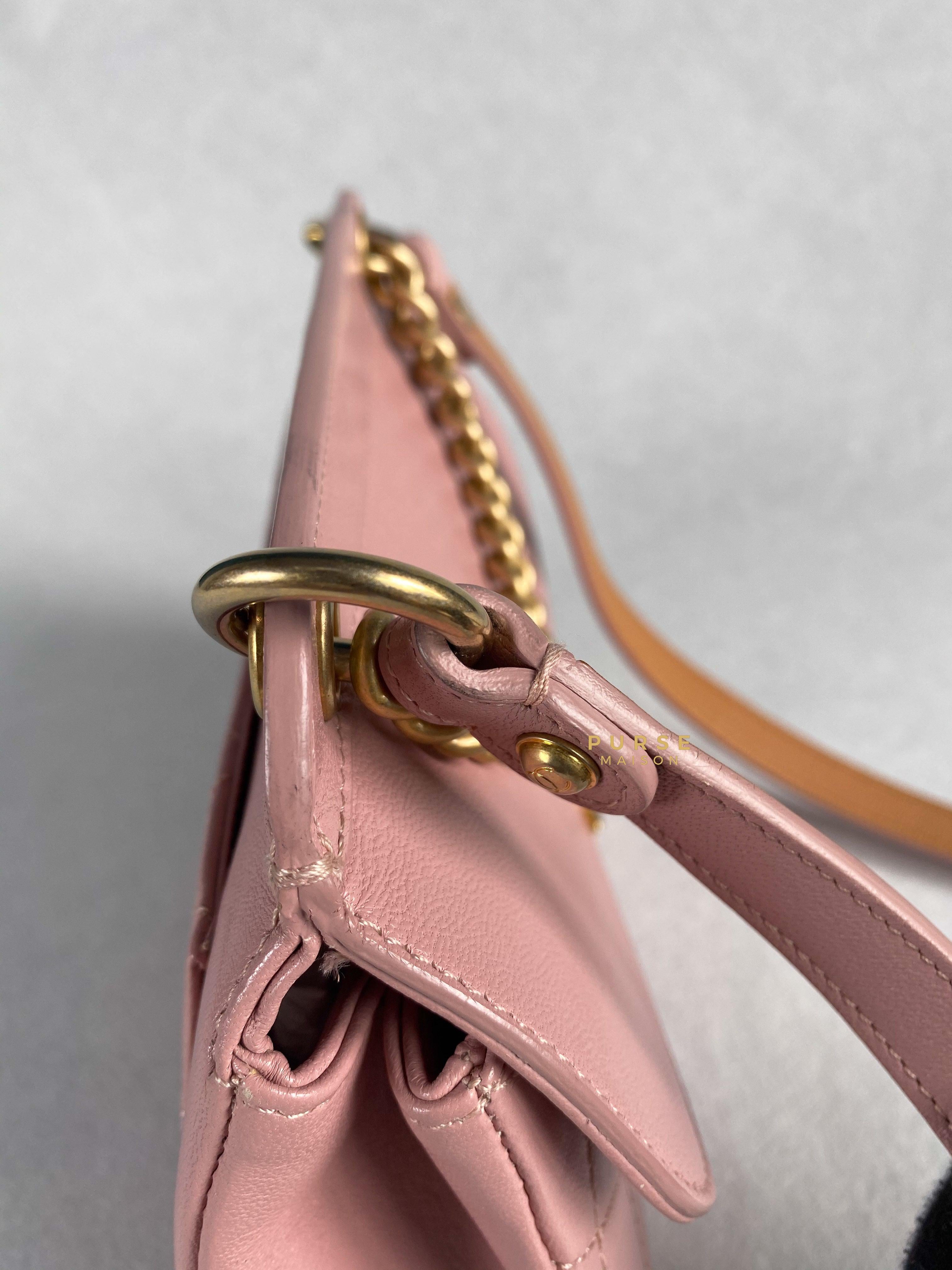 Chanel Curved Flap Bag in Baby Pink Calfskin and Aged Gold Hardware Series 27 | Purse Maison Luxury Bags Shop