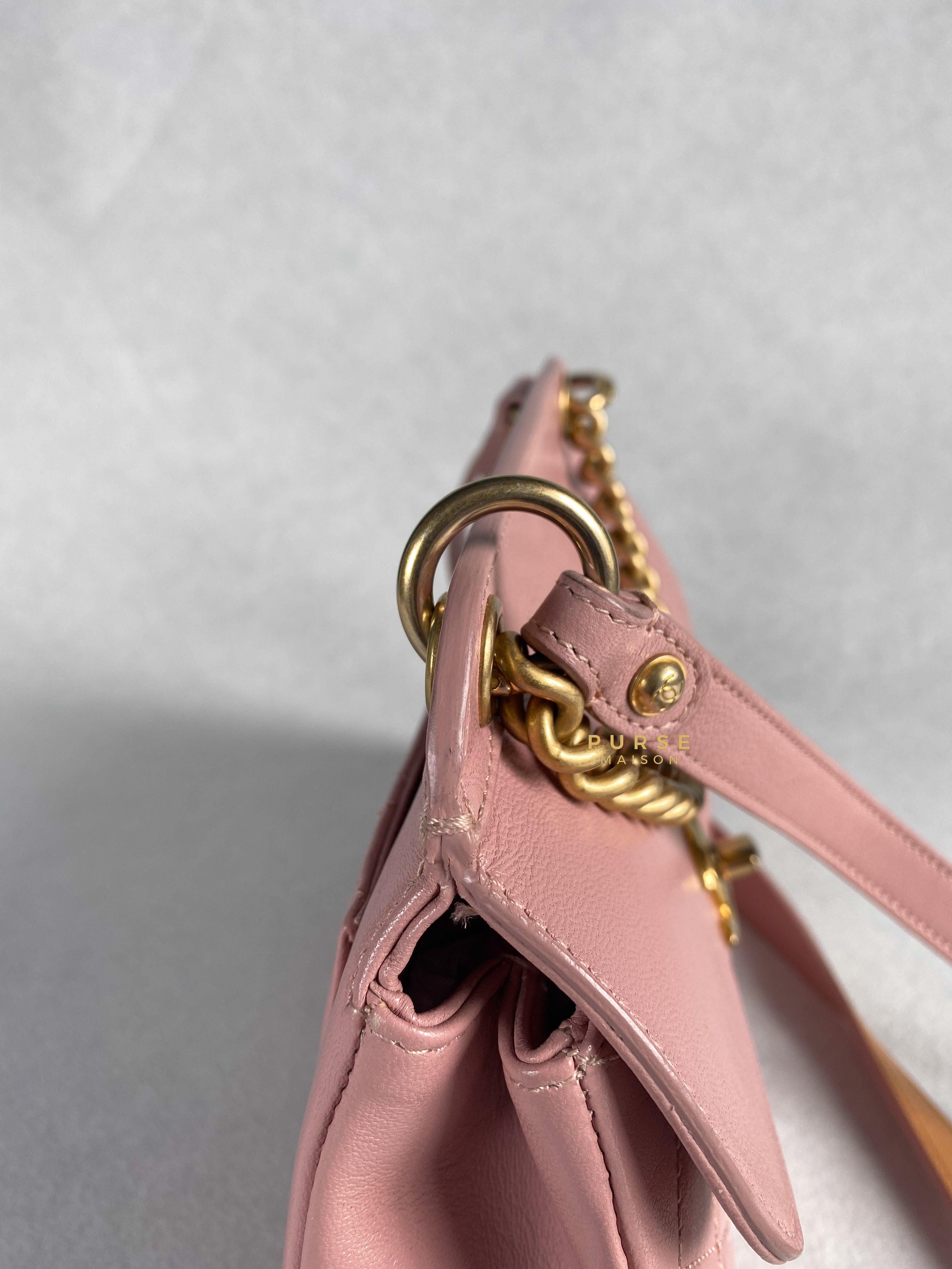 Chanel Curved Flap Bag in Baby Pink Calfskin and Aged Gold Hardware Series 27 | Purse Maison Luxury Bags Shop