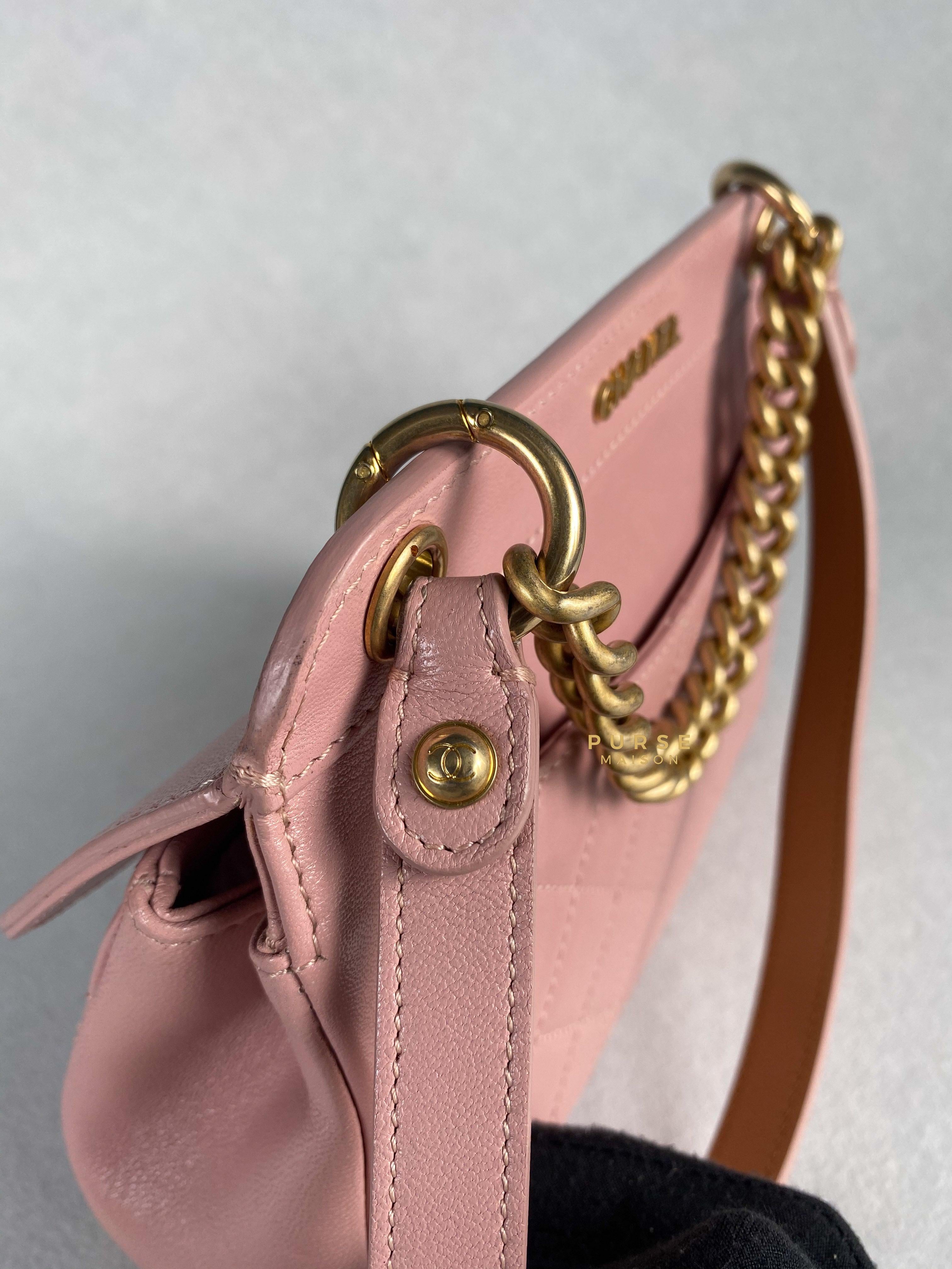 Chanel Curved Flap Bag in Baby Pink Calfskin and Aged Gold Hardware Series 27 | Purse Maison Luxury Bags Shop