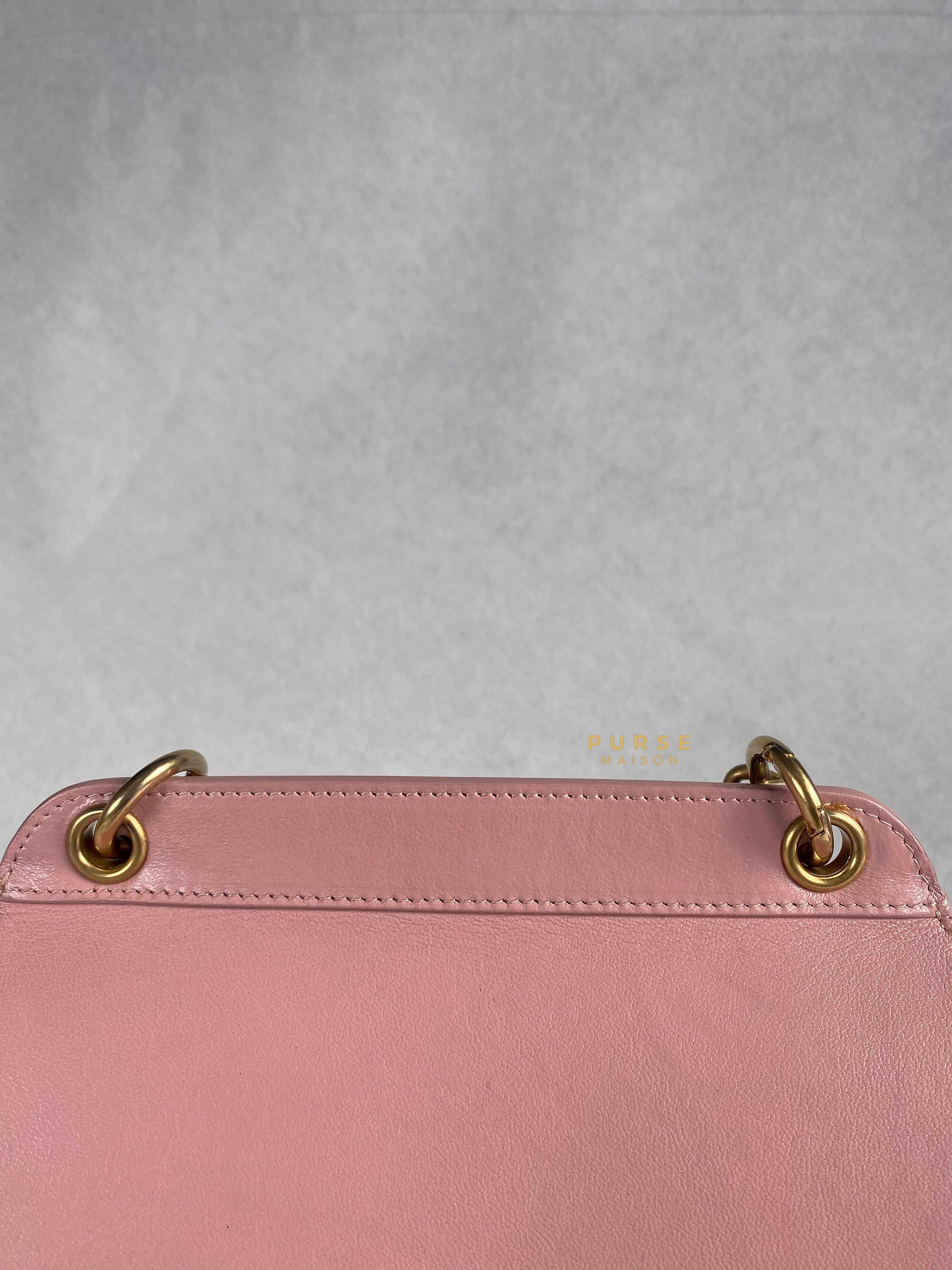 Chanel Curved Flap Bag in Baby Pink Calfskin and Aged Gold Hardware Series 27 | Purse Maison Luxury Bags Shop