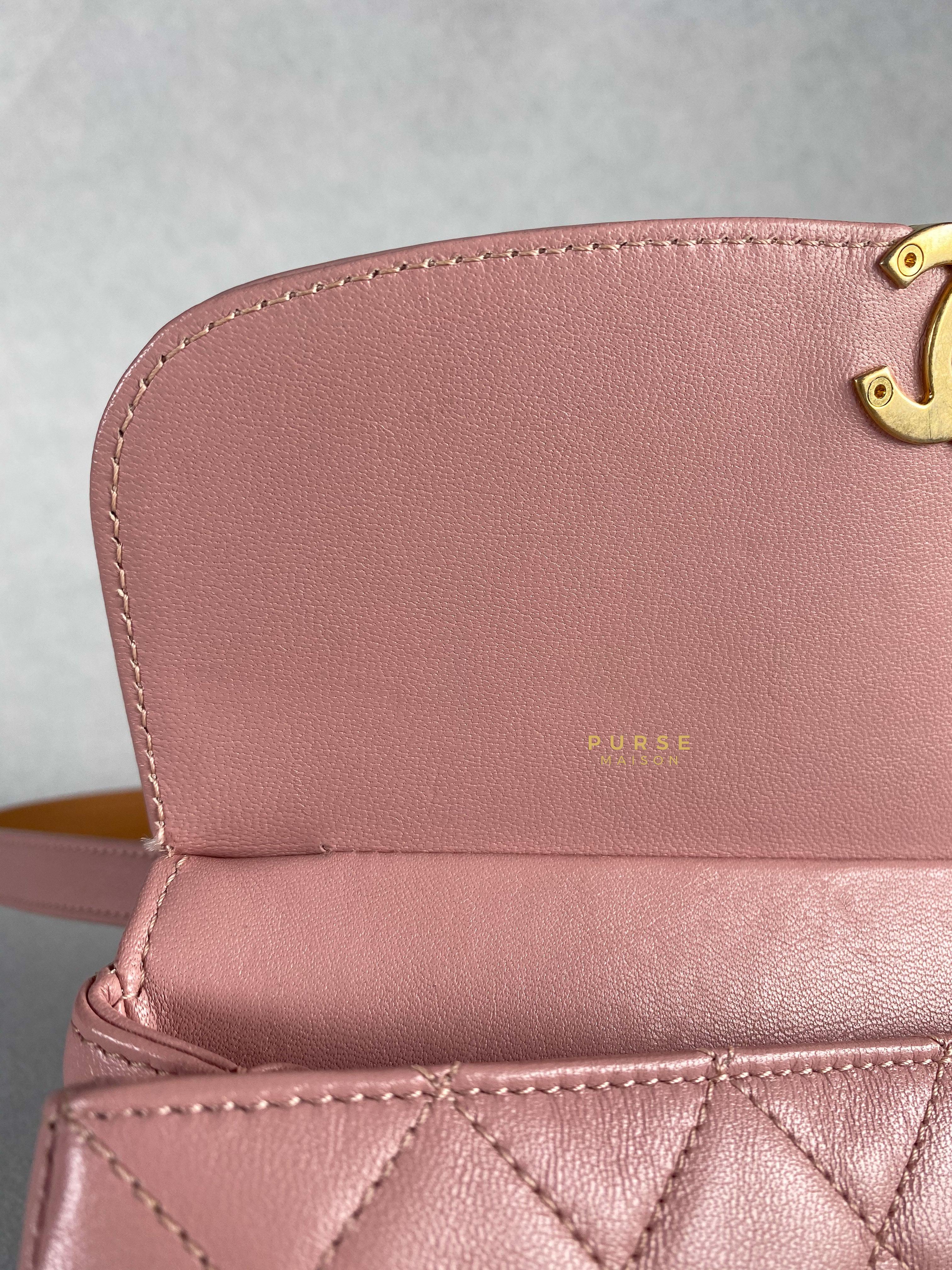 Chanel Curved Flap Bag in Baby Pink Calfskin and Aged Gold Hardware Series 27 | Purse Maison Luxury Bags Shop