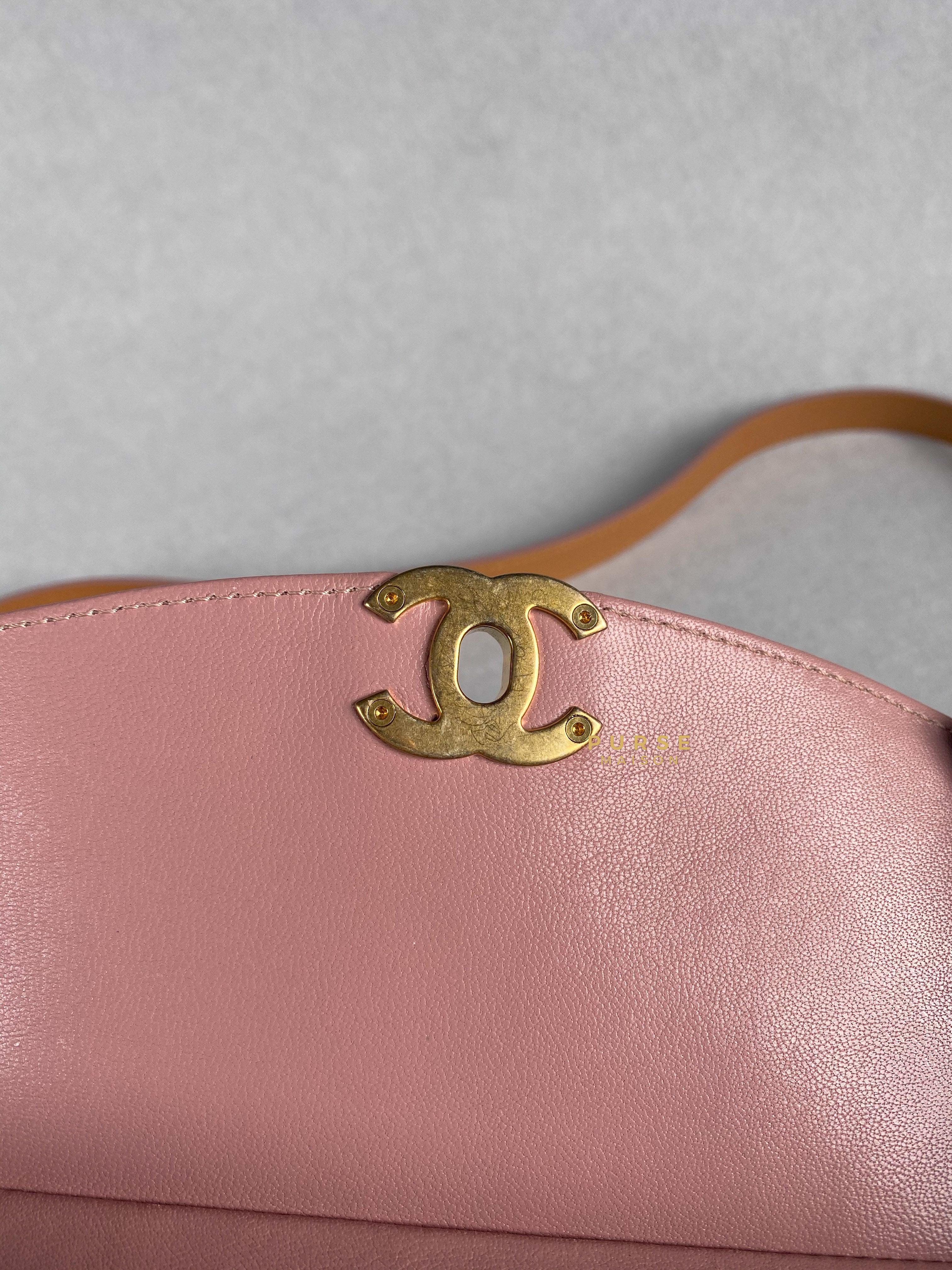Chanel Curved Flap Bag in Baby Pink Calfskin and Aged Gold Hardware Series 27 | Purse Maison Luxury Bags Shop